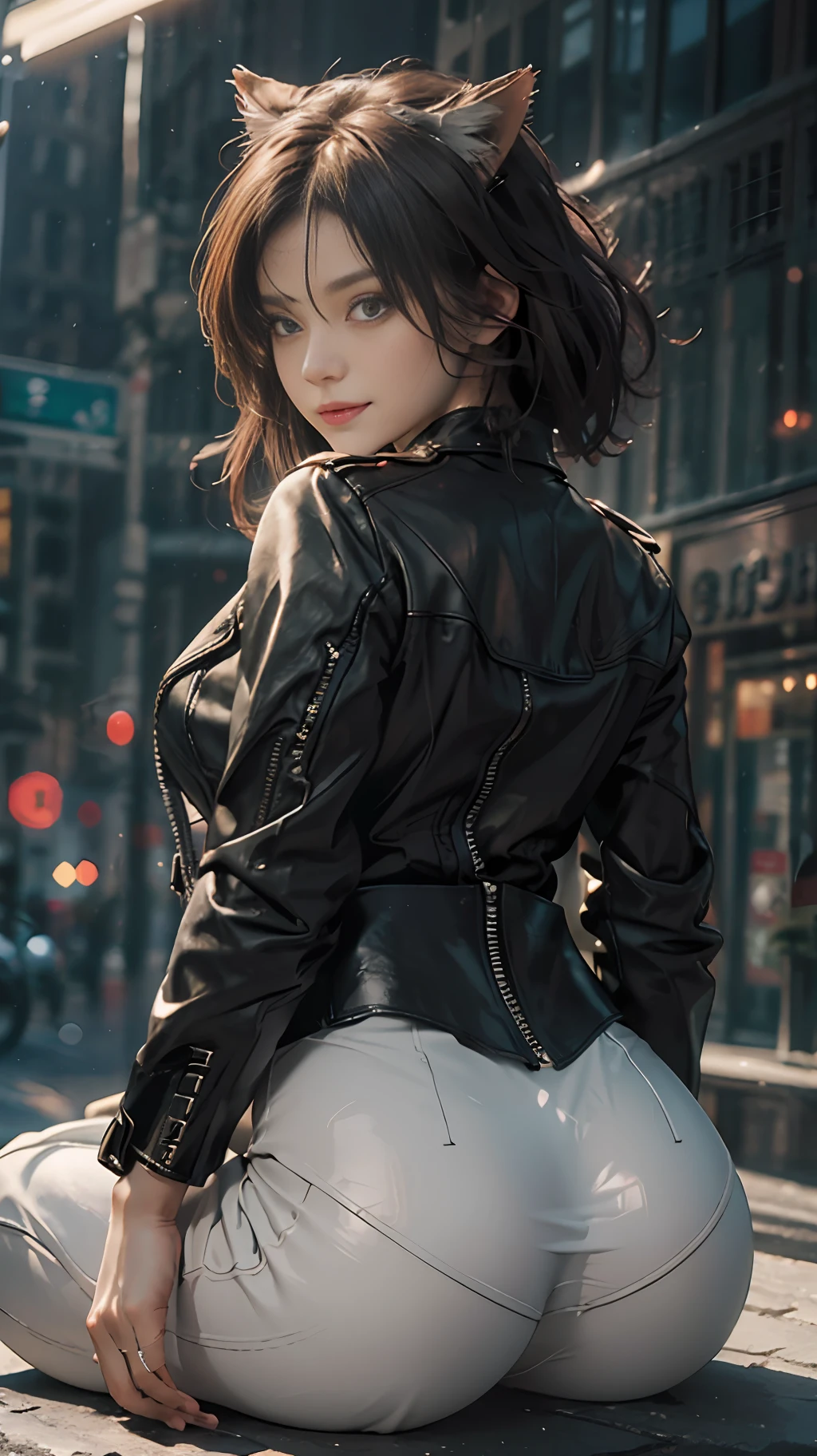 1girl, delicate and beautiful facial features, flower eye shadow and light makeup, exquisite jewelry and necklace, short delicate technical leather jacket on the upper body, delicate technical leather pants on the lower body, sitting on a red high-tech motorcycle, wearing a delicate red cat ear motorcycle helmet, looking back and smiling, showing the perfect curves and plump buttocks behind it, rainstorm special effects, light and shadow special effects, the highest picture quality, masterpieces, high resolution, complex motorcycle details highlight future technological creations, and the facial features are clear and not blurred