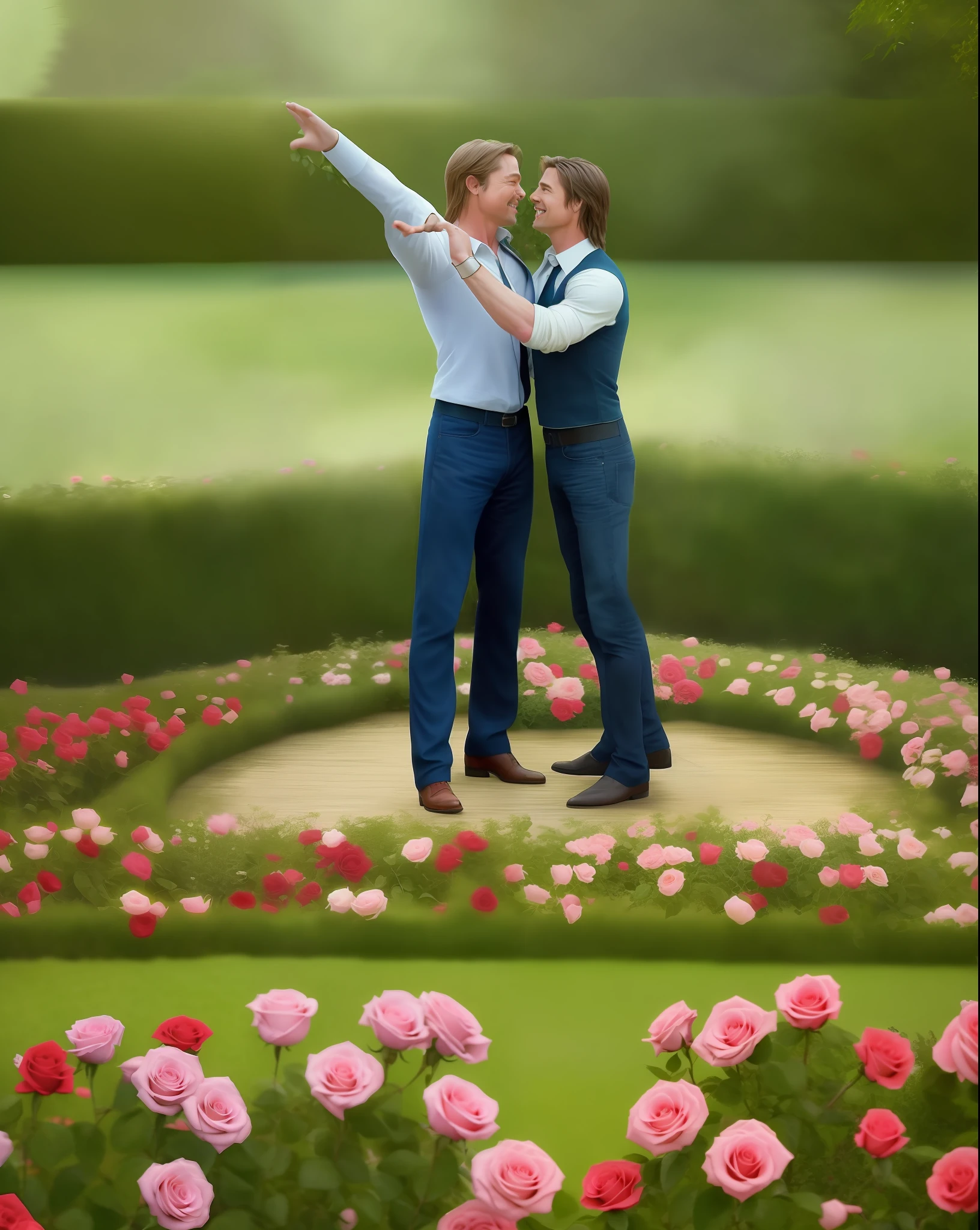 Portrait of Brad Pitt and Tom Cruise dancing embraced in a rose garden. Photorealistic. High quality. 8k. Photorealistic