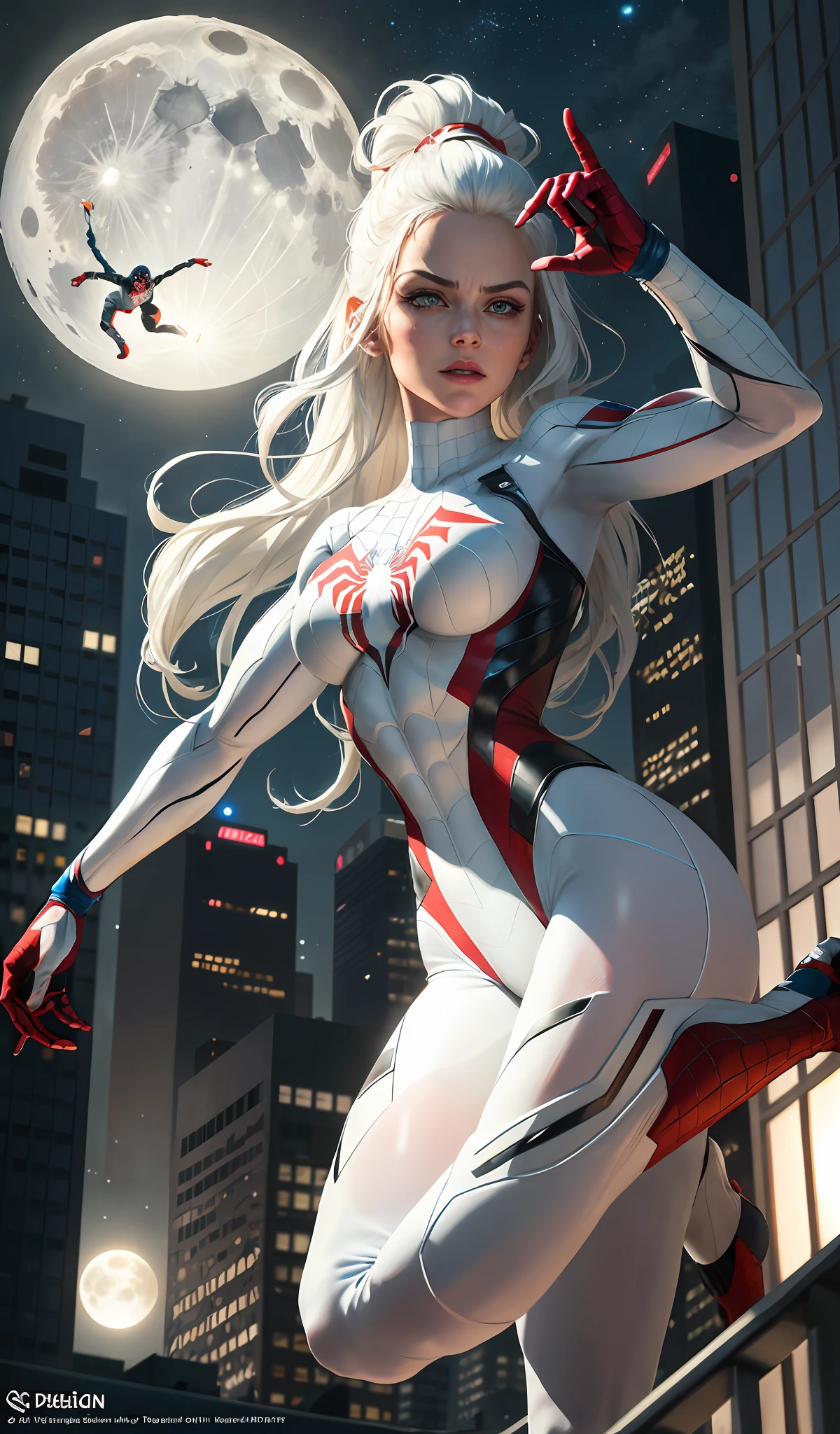 (Masterpiece, 4k resolution, ultra-realistic, very detailed), (White superhero theme, charismatic, there's a girl on top of town, wearing Deadpool costume, she's a superhero), [ ((25 years), (long white hair:1.2), full body, (blue eyes:1.2), ((Spider-Man pose),show of strength, jump from one building to another), ((sandy urban environment):0.8)| (cityscape, at night, dynamic lights), (full moon))] # Explanation: The Prompt mainly describes a 4K painting of ultra-high definition, very realistic, very detailed. It shows a superheroine at the top of the city, wearing a Spider-Man costume. The theme in the painting is a white superhero theme, the female protagonist has long white hair, is 25 years old and her entire body is shown in the painting. In terms of portraying the actions of superheroines, spiders are employed