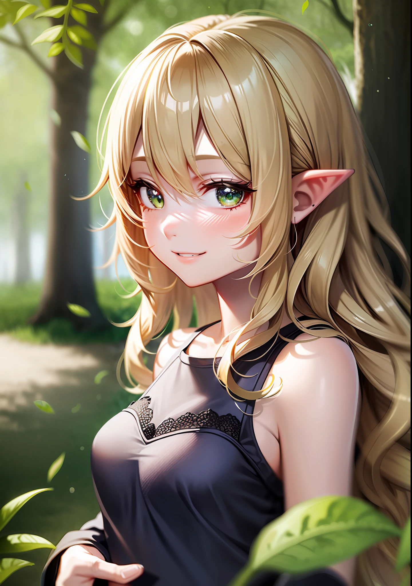{{{Masterpiece}}},{{Best Image}}}, {{Super Detail}}, {{Fine Detail}, {{Hi-Res}}, {{Mizuhashi Percy}}, {{Elf Ears}}, {{blonde hair}}, {Realistic}, Game CG, Painting (medium), Shiny hair, Green eyes, Smile, Watch Viewer, {{{Fallen Leaves}}, Forest