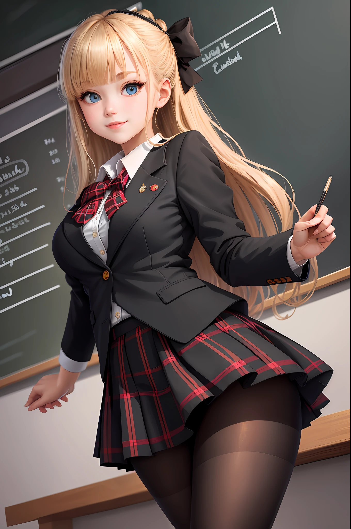 masterpiece, best quality, ultra-detailed, beautiful lighting, 1girl, bangs, (black_jacket:1.2), (blazer:1.1), blue_eyes, perfect eyes, bow, bowtie, breasts, blonde_hair, collared_shirt, jacket, looking_at_viewer, plaid_skirt, pleated_skirt, red_bow, red_bowtie, school_uniform, shirt, long_hair, skirt, solo, stairs, standing, white_shirt, facing viewer, (pantyhose:1.1), arms behind back, (pov:1.1), (smile:0.9), thick thighs, bokeh, (near chalkboard:1.3),