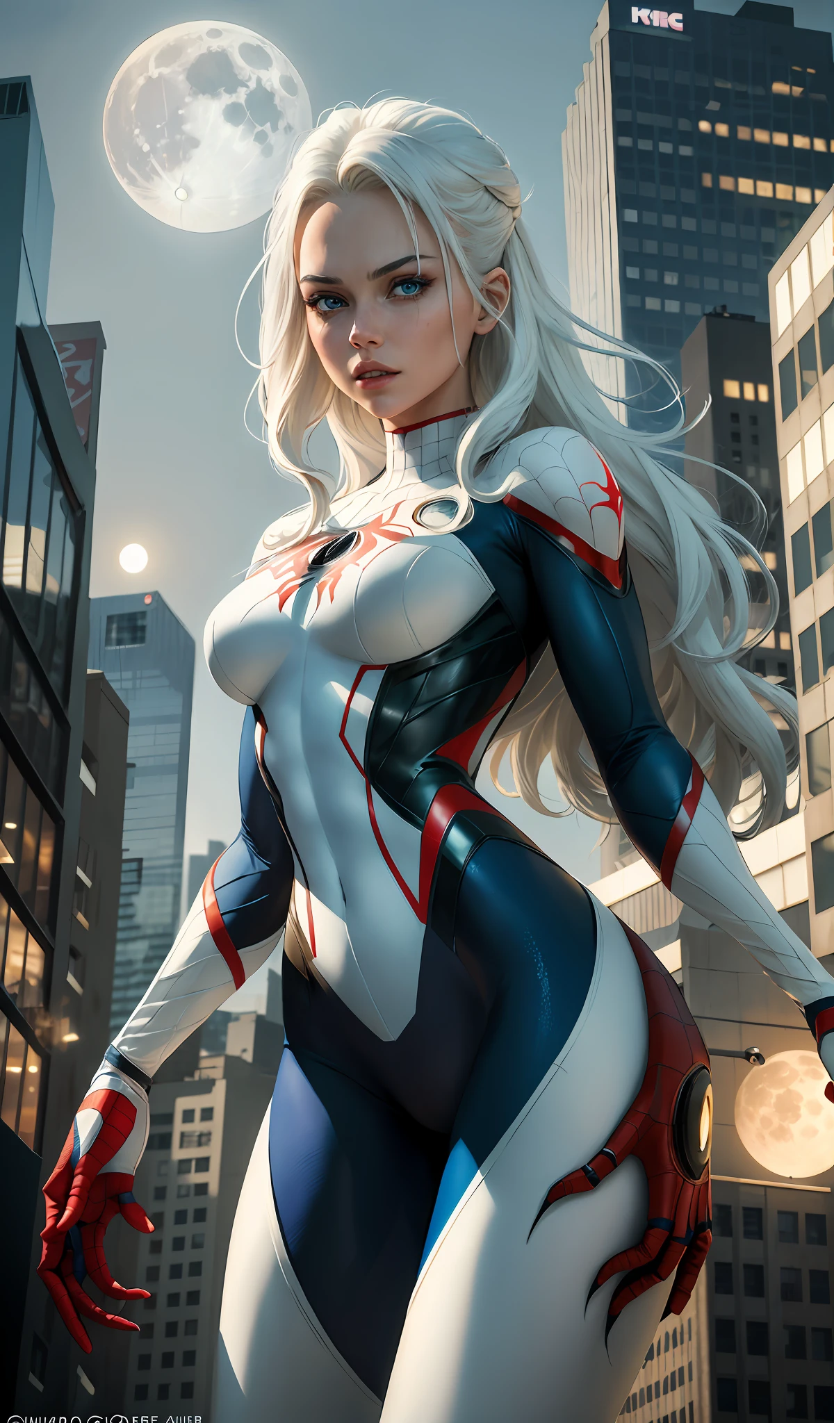 (Masterpiece, 4k resolution, ultra-realistic, very detailed), (White superhero theme, charismatic, there's a girl on top of town, wearing Deadpool costume, she's a superhero), [ ((25 years), (long white hair:1.2), full body, (blue eyes:1.2), ((Spider-Man pose),show of strength, jump from one building to another), ((sandy urban environment):0.8)| (cityscape, at night, dynamic lights), (full moon))] # Explanation: The Prompt mainly describes a 4K painting of ultra-high definition, very realistic, very detailed. It shows a superheroine at the top of the city, wearing a Spider-Man costume. The theme in the painting is a white superhero theme, the female protagonist has long white hair, is 25 years old and her entire body is shown in the painting. In terms of portraying the actions of superheroines, spiders are employed