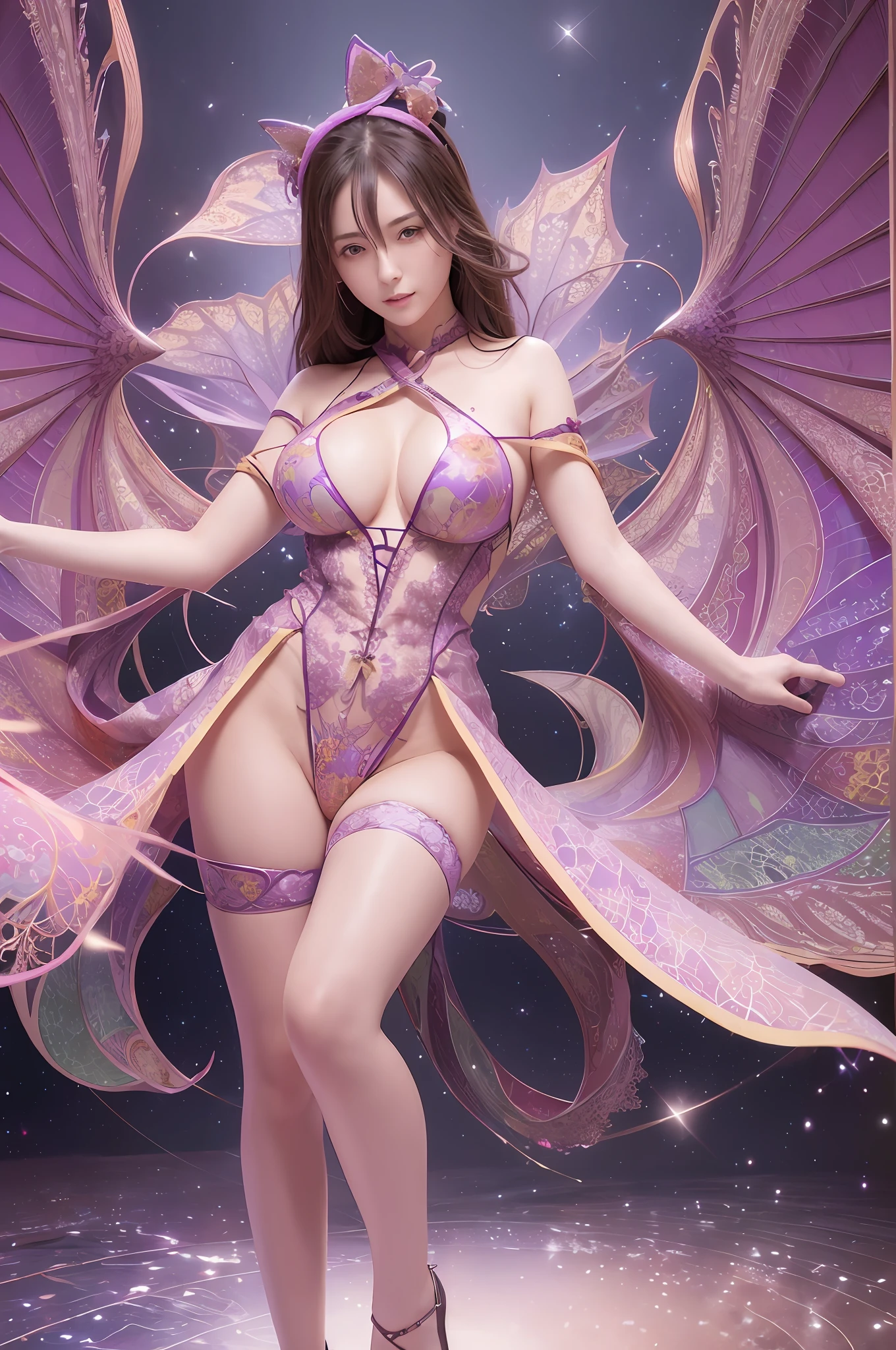 RAW photos, (Photorealistic Stick: 1.5), Highly Detailed Skin: (Exposure: 1.1), (Exposed Back: 1.5), (Exposed Shoulders: 1.1), (Exposed Crotch: 1.5), (Exposed Navel), Detailed Navel, (Top-Down View: 1.5), (Professional Lighting: 1.5)), Colossal, (Fractal Art: 1.3)), Backlight, Illuminate from Front, ( Full body shot), (NSFW), (masterpiece, top quality, highest quality, official art, beautiful and aesthetic: 1.2), one woman, 25 years old, (big breasts: 1.5), (smile), purple and yellow, seven colors, (translucent pink cloak), colorful, joyful, fun, hope, sexy dance, wriggle, (strong wind), fractal art,