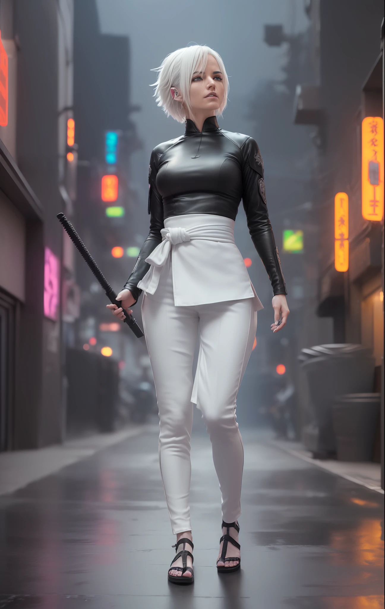 (
    (Character: one woman, nordic:1.4, pale skin:1.1, white hair:1.2, undercut hair:1.4, messy hair,calm and smile expression, skinny, vip, model)
    (Clothing in white and black: Hakama top:1.4, leather legs, geta:1.2)
    (Weapon: futuristic Stun Baton)
    (Pose: full body:1.3, meditation stance)
    (Background: dense cyberpunk street, dive bar, neon holograms in background, dark, ominous, foggy, night, futuristic city, cyberpunk, gray color scheme)
    (Style: 150mm, beautiful studio soft light, rim light, bright details, luxury cyberpunk, hyperrealistic, anatomical, facial muscles, octane render, H. R. Giger style, 8k, best quality, masterpiece, illustration, extremely detailed, CG, unity, absurdres, incredibly absurdres, photo-realistic:1.37, amazing, fine detail, masterpiece, best quality, official art, vibrant colors)
)