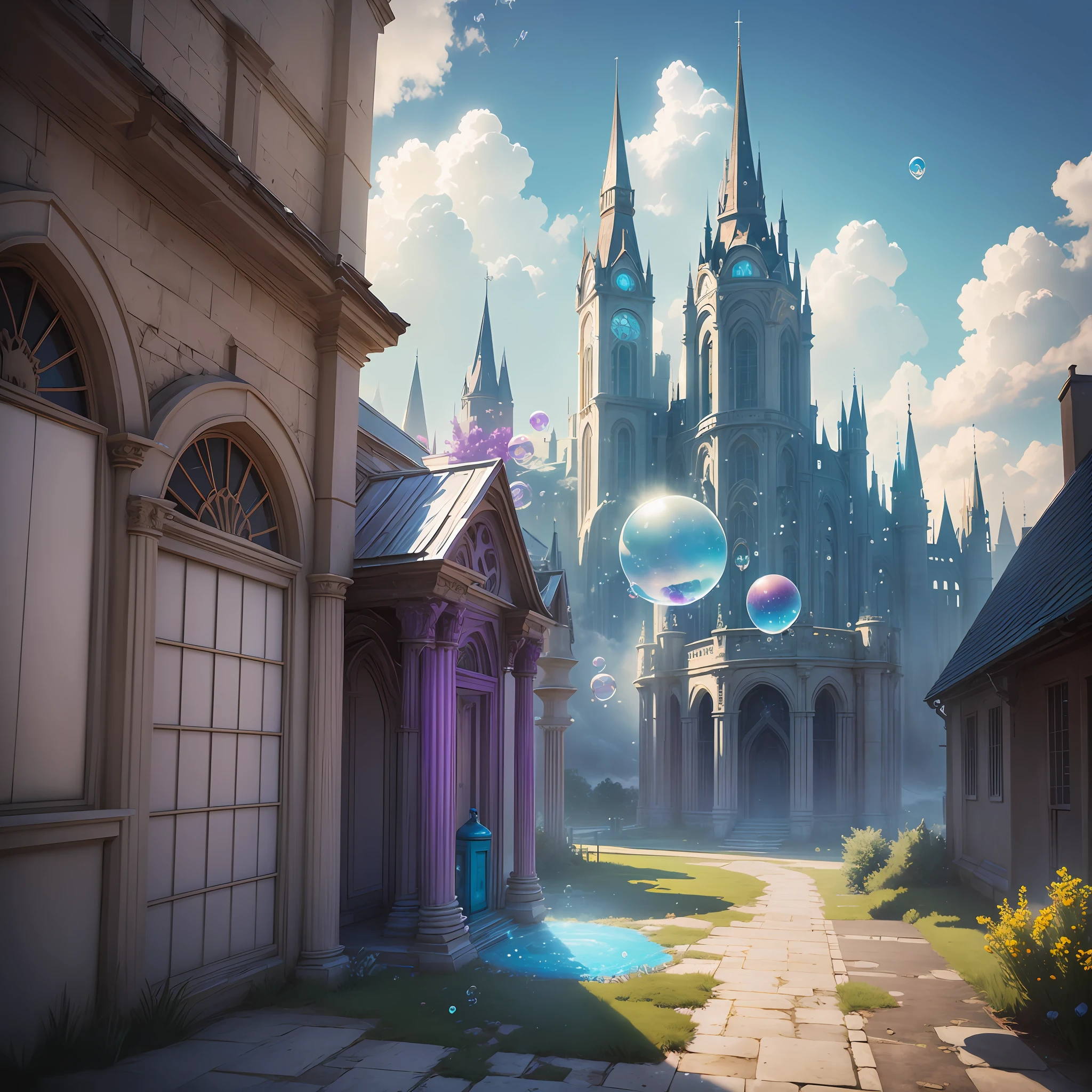 Computer volumetric graphics, realistic fantasy, Extensive landscape ultra photography (general view, which shows soap bubbles, sky, drops), blurred background, cold, shade of turquoise, a little purple, airy color, magic --auto --s2