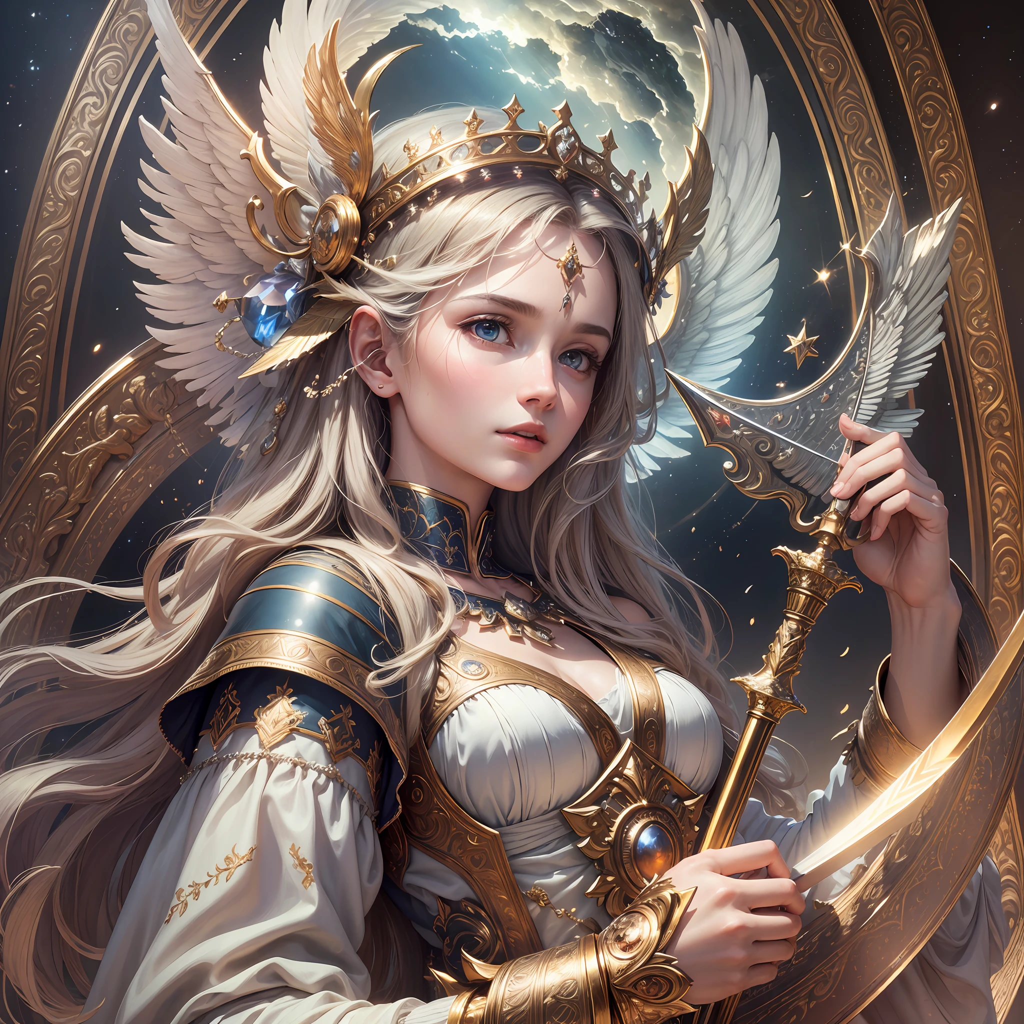 High resolution, high dynamic range, masterpiece, highest quality, top quality, 8K resolution, realistic, very detailed CG, highly detailed CG, depth, delicate, fully focused, celestial, glory, shining view of heaven, shining buildings, blessing, joy, outstanding culture and art, raw photograph of Archangel Michael, power, glory, light, sword,