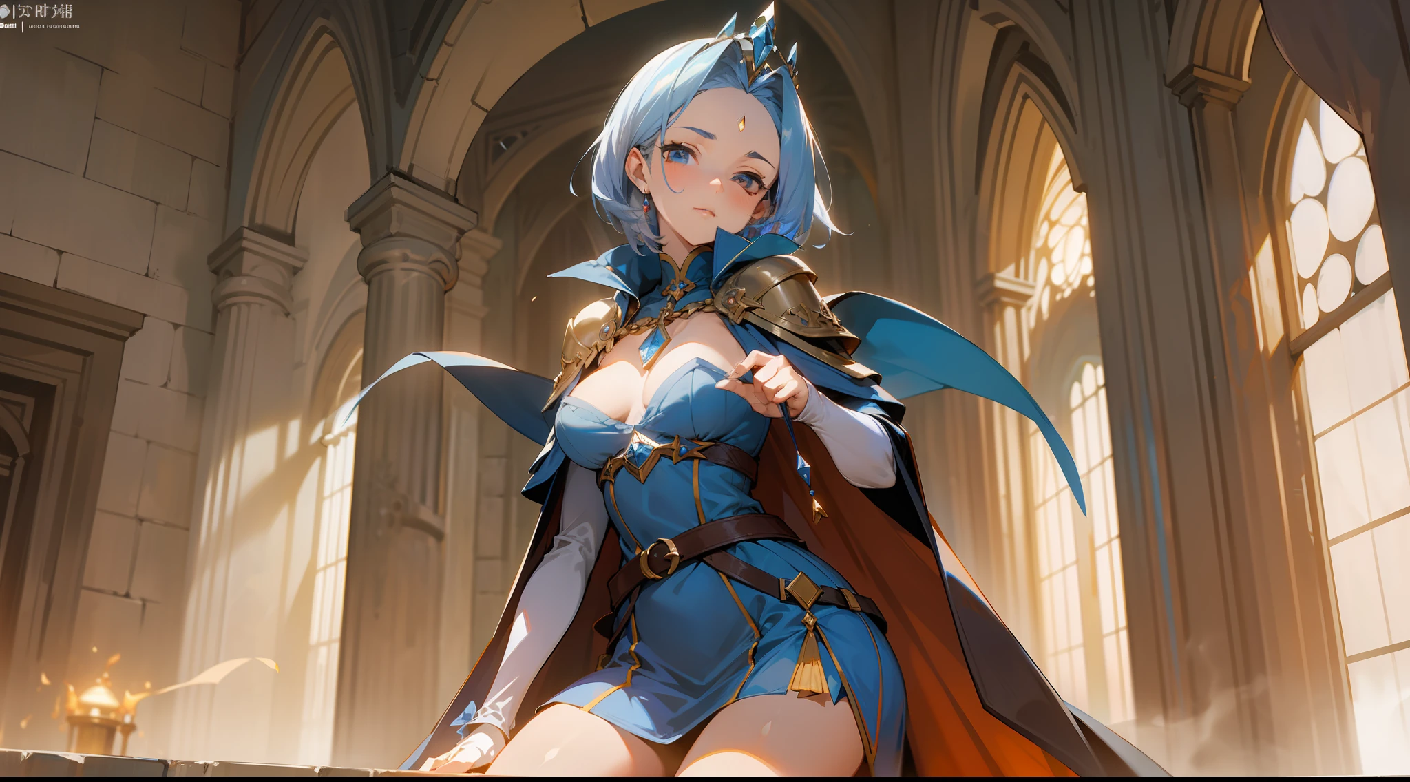 masterpiece, best quality, mature woman, short porcelain blue hair, tiara, showing forehead, gray blue cape, top, beautiful breasts, exposed thighs, dark short dress, belt, thin sword belt, cinnamon height boots wine color, dynamic pose, inside a dungeon, dark, dark, torch, well detailed glow, fantasy, medieval.