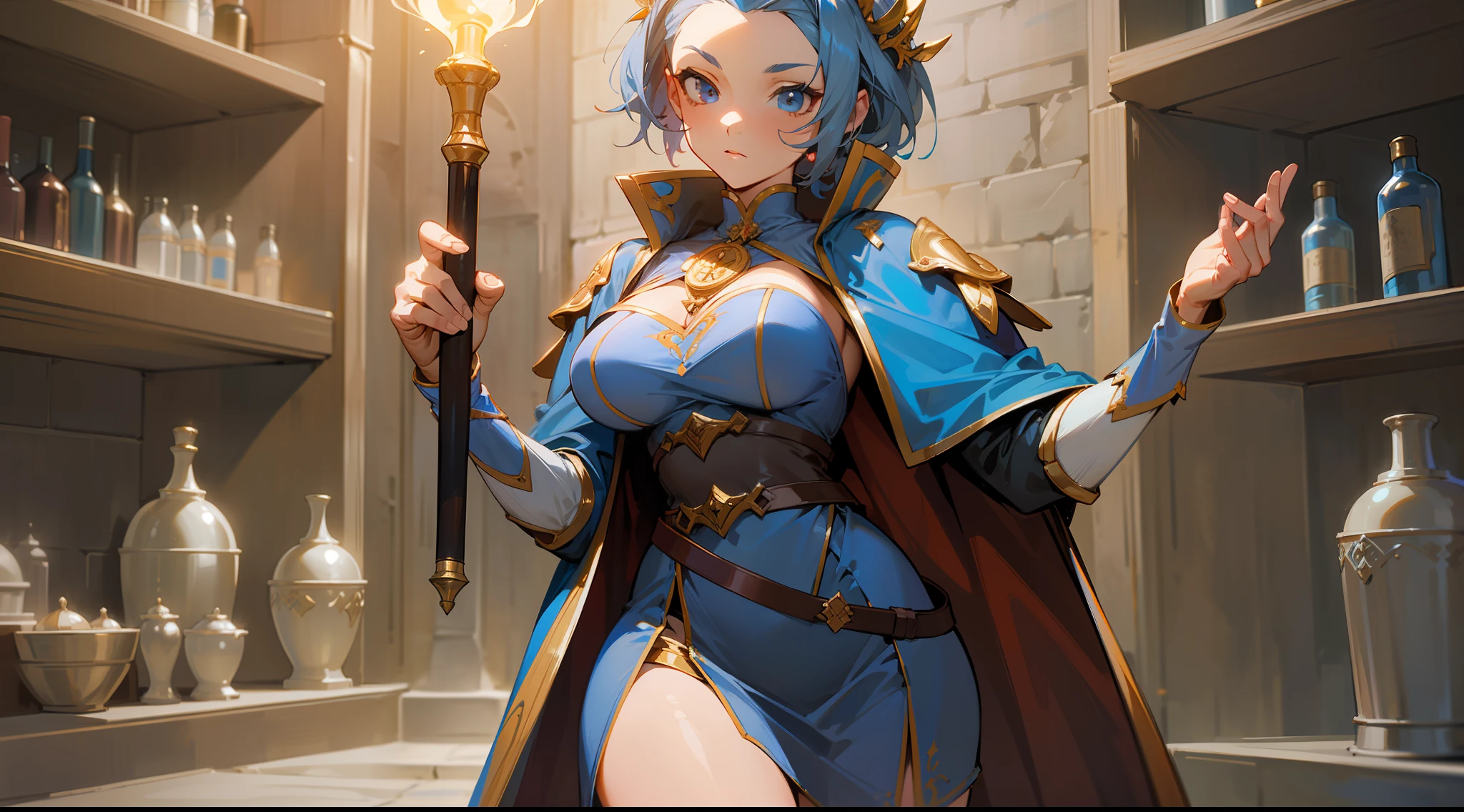masterpiece, best quality, mature woman, short porcelain blue hair, tiara, showing forehead, gray blue cape, top, beautiful breasts, exposed thighs, dark short dress, belt, thin sword belt, cinnamon height boots wine color, dynamic pose, inside a dungeon, dark, dark, torch, well detailed glow, fantasy, medieval.