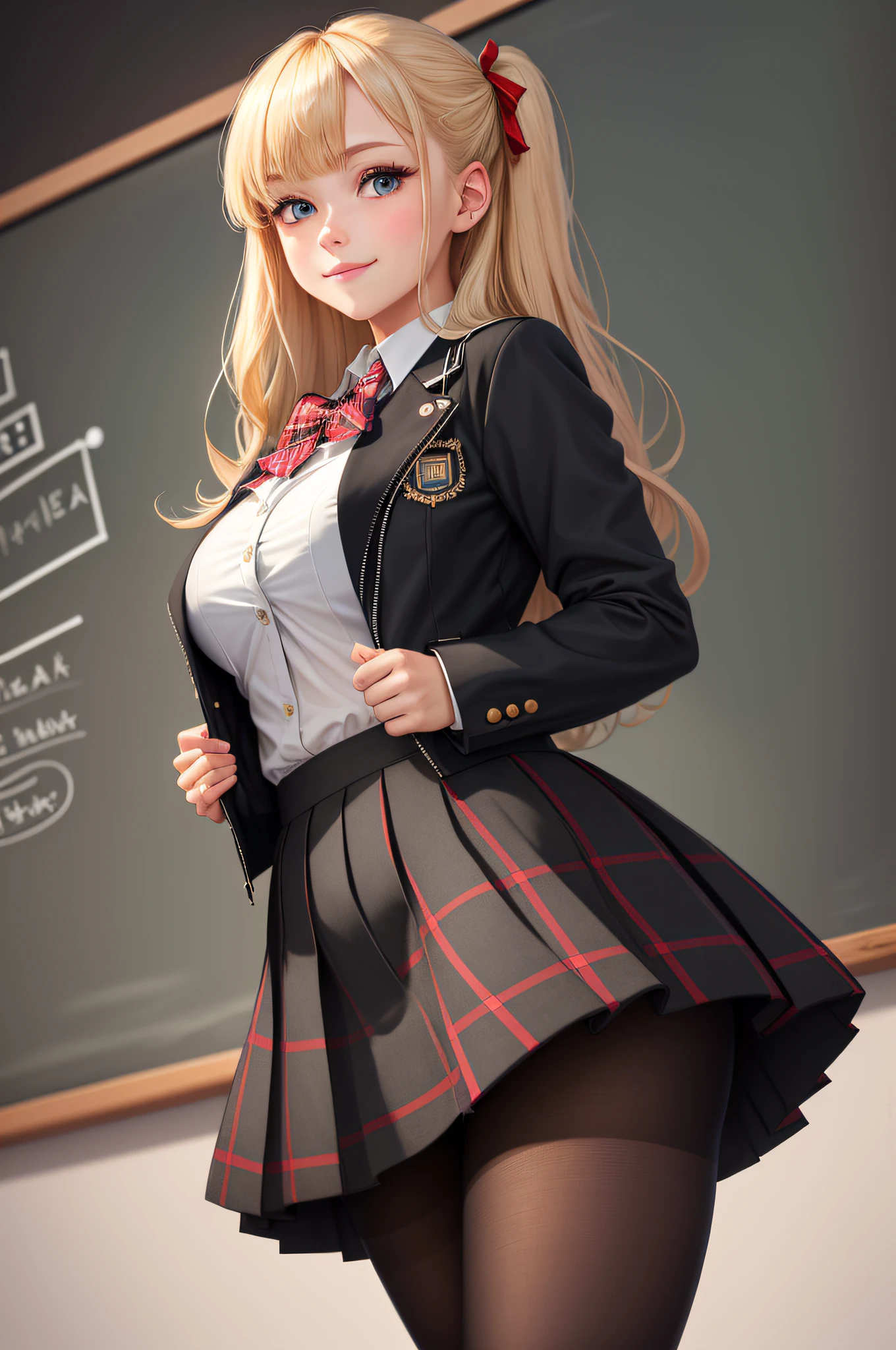 masterpiece, best quality, ultra-detailed, beautiful lighting, 1girl, bangs, (black_jacket:1.2), (blazer:1.1), blue_eyes, perfect eyes, bow, bowtie, breasts, blonde_hair, collared_shirt, jacket, looking_at_viewer, plaid_skirt, pleated_skirt, red_bow, red_bowtie, school_uniform, shirt, long_hair, skirt, solo, stairs, standing, white_shirt, facing viewer, (pantyhose:1.1), arms behind back, (pov:1.1), (smile:0.9), thick thighs, bokeh, (near chalkboard:1.3),