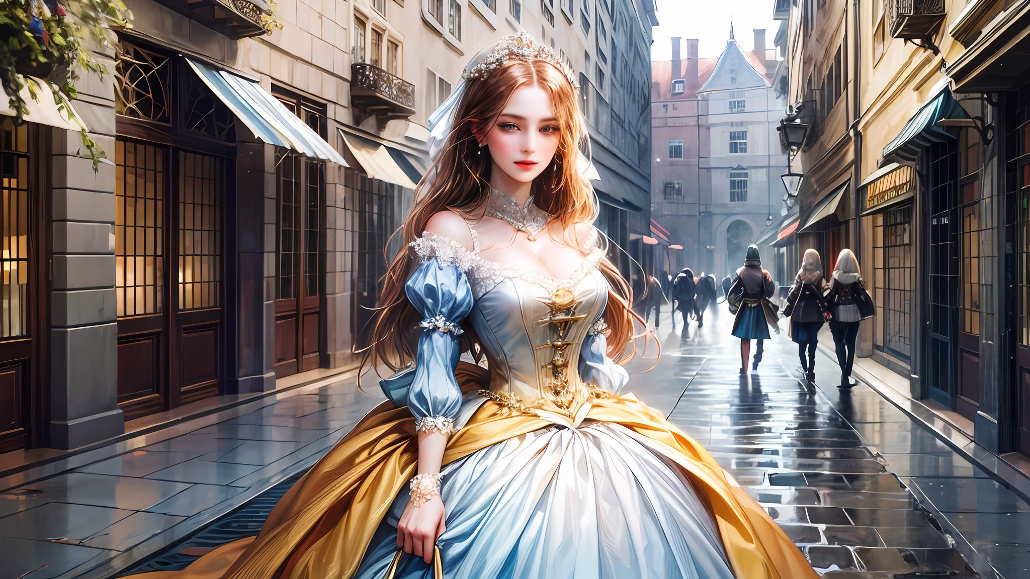 (high resolution, super detailed) a lady in a carriage, medieval street, long skirt, noble elegance, earrings, gloves,