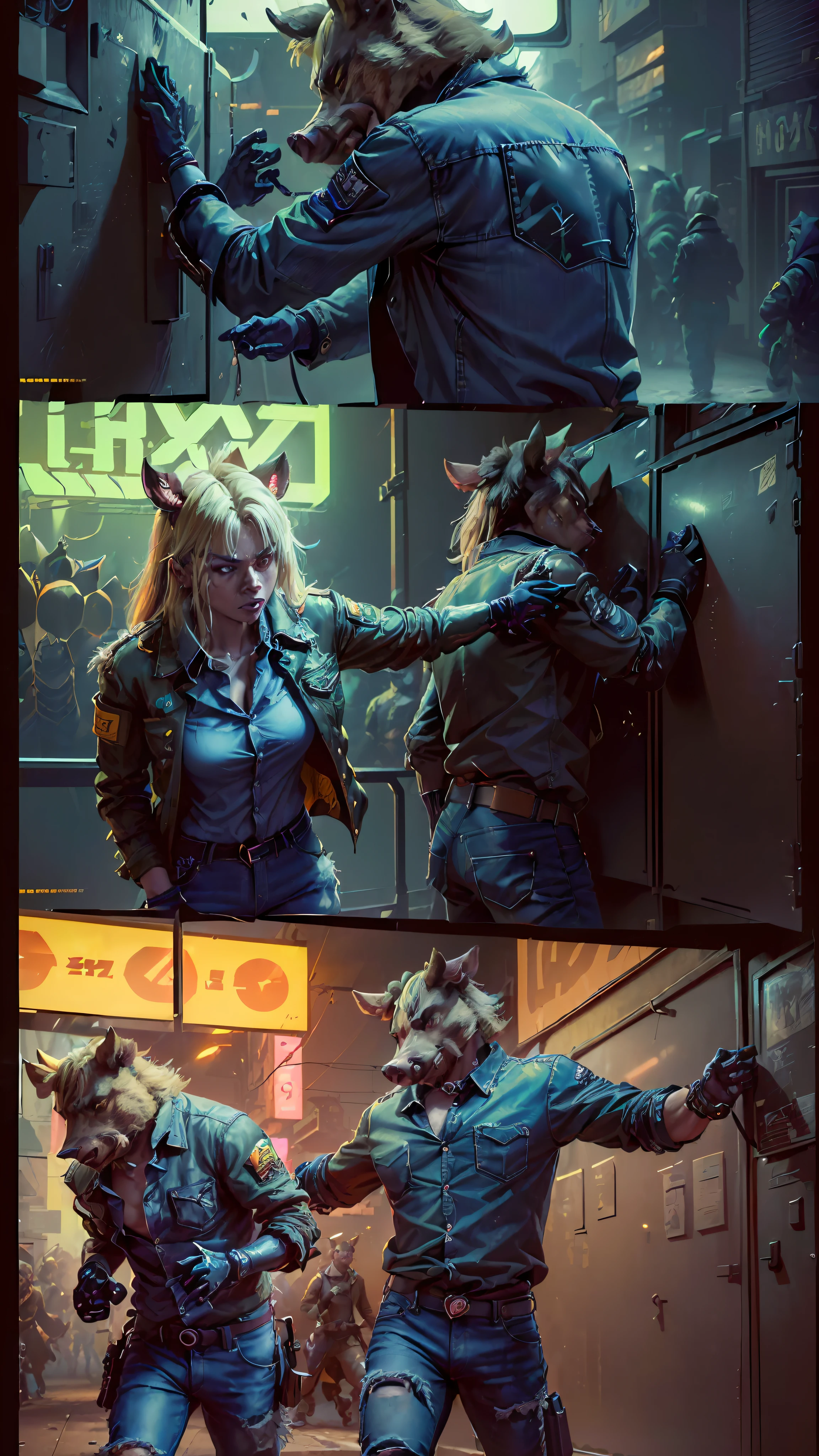 ((ACTION SCENE)), ((furry)) (((TWO FRAMES ONE PAGE)), ((furry)) (( anthropomorphic boar, open button shirt, jeans) FOUGHT with a furry fox),| cyberpunk ((cybernetic body parts)), ((Best quality)), ((masterpiece)), (highly detailed:1.3), Neon Noir, YELLOW NEON LIGHT FROM CITY SIGNS MONITOR, GREEN NEON SIGNS ON THE WALL, ((action scene))