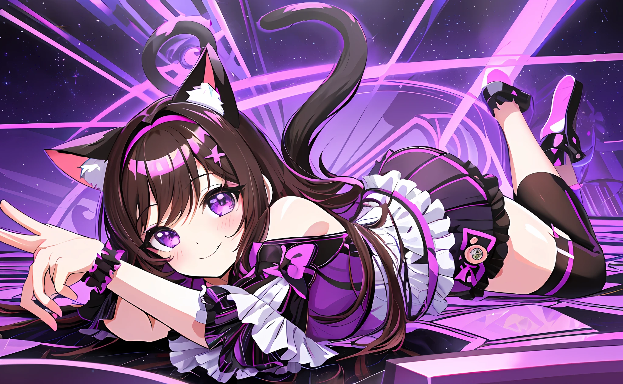 (Chibi Chibi: 1.3), Solo, Full Body, Glossy Purple Goth Loli, Lying, Highly Detailed Face, (Absolute Area: 1.3), (Smile: 1.4), Lively, (Gravure Pose: 1.5), Beautiful Detailed Eyes, Look Up, (Eye Fit), Light Brown Long Hair, Cat Ears, Neon, Masterpiece, Top Quality, Highly Detailed 8k Wallpaper