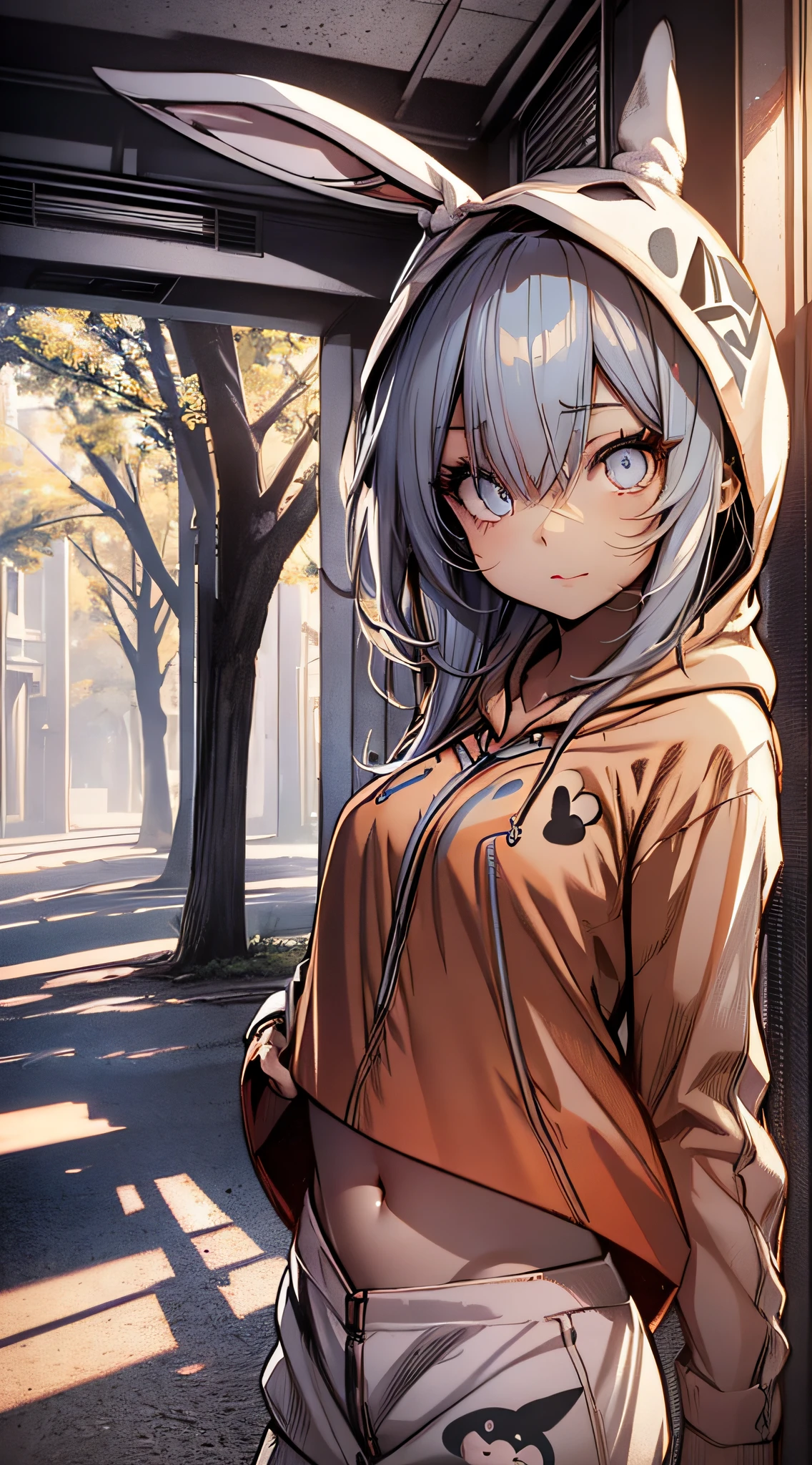 1girl, beautiful Korean girl, (Cute Loose Bob hair, flowing hair), (wearing a cropped bunny hoodie:1.5), (red lips, small breasts, toned stomach, eyelashes, aegyo sal), immersive background, global illumination, natural lighting, (beautiful detailed eyes, symmetrical eyes), (8k, RAW photo, masterpiece, High detail RAW color photo, highest quality, highly detailed CG unified 8K wallpapers), (best shadow, best illustration), physics-based rendering, high contrast, rich colors,