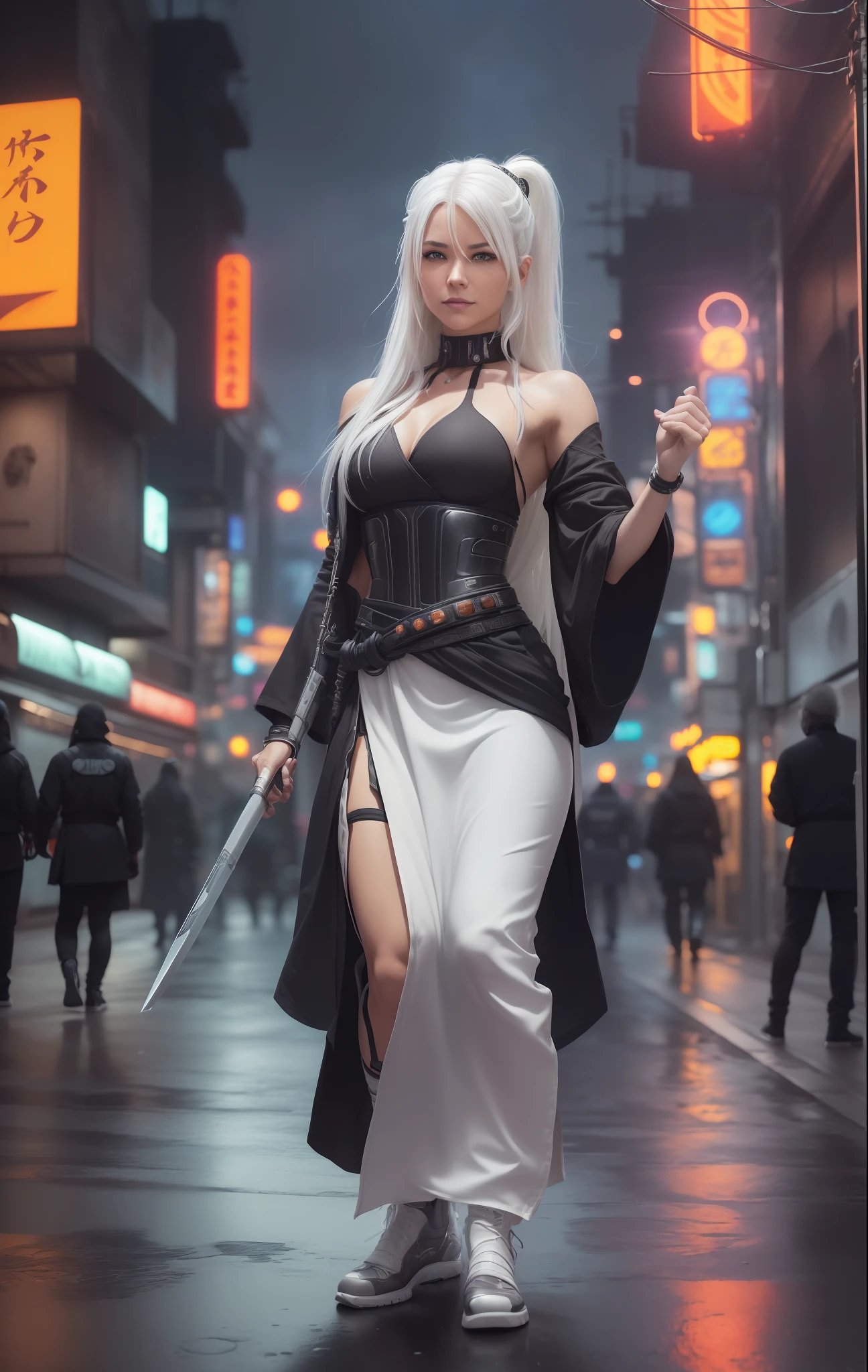 (
(Character: one woman, nordic:1.4, page skin:1.1, long hair, (white hair:1.2), , calm and smile expression, skinny body:1.2)
(Clothing: Hakama:1.3, Kendo)
(Pose: full body:1.3, meditation stance)
(Background: dense cyberpunk street, dive bar, neon holograms in background, dark, ominous, foggy, night, futuristic city, cyberpunk, orange color scheme)
(Style: 150mm, beautiful studio soft light, rim light, bright details, luxury cyberpunk, hyperrealistic, anatomical, facial muscles, octane render, H. R. Giger style, 8k, best quality, masterpiece, illustration, extremely detailed, CG, unity, absurdres, incredibly absurdres, photo-realistic:1.37, amazing, fine detail, masterpiece, best quality, official art, vibrant colors)
)