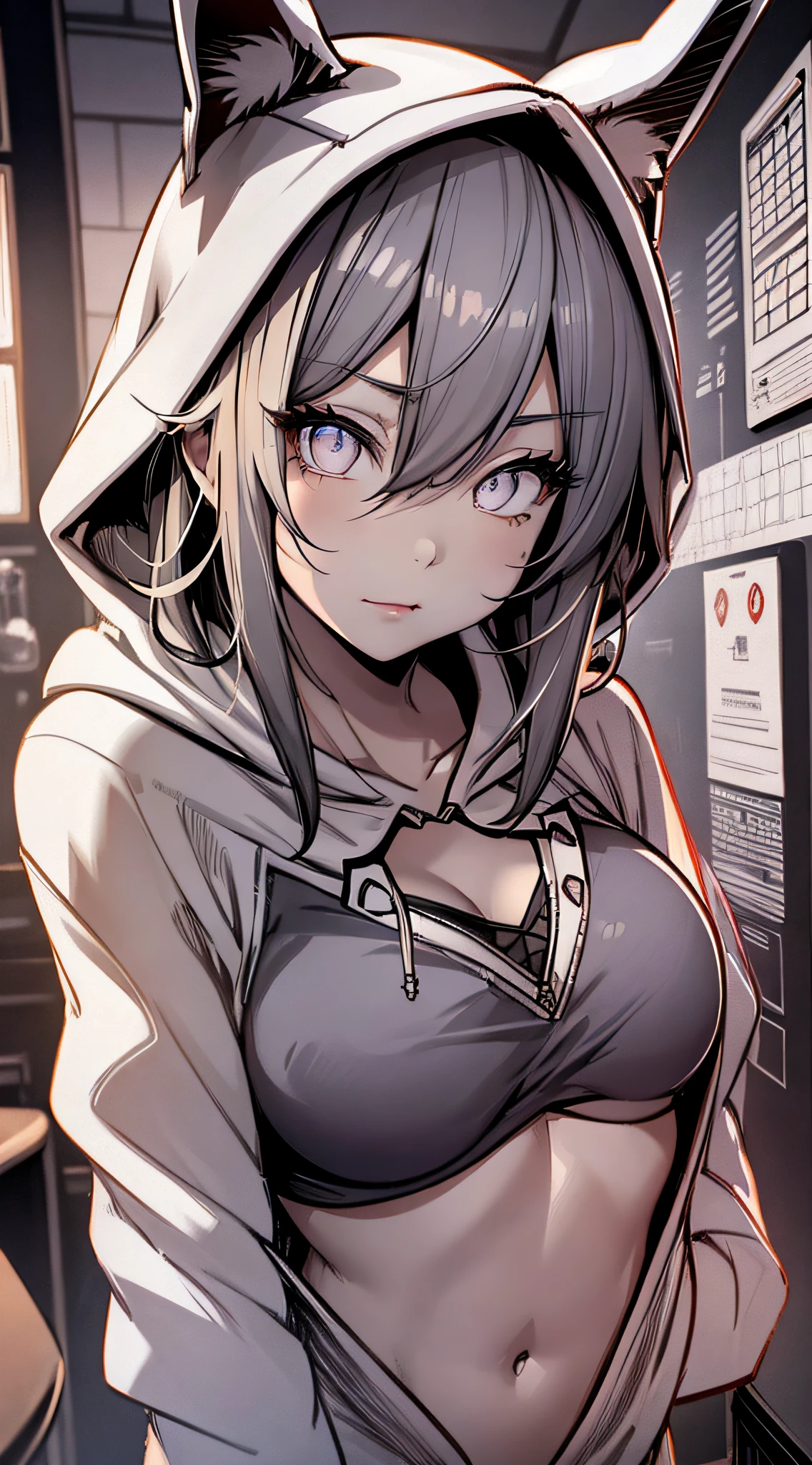 1girl, beautiful Korean girl, (Cute Loose Bob hair, flowing hair), (wearing a cropped bunny hoodie:1.5), (red lips, small breasts, toned stomach, eyelashes, aegyo sal), immersive background, global illumination, natural lighting, (beautiful detailed eyes, symmetrical eyes), (8k, RAW photo, masterpiece, High detail RAW color photo, highest quality, highly detailed CG unified 8K wallpapers), (best shadow, best illustration), physics-based rendering, high contrast, rich colors,