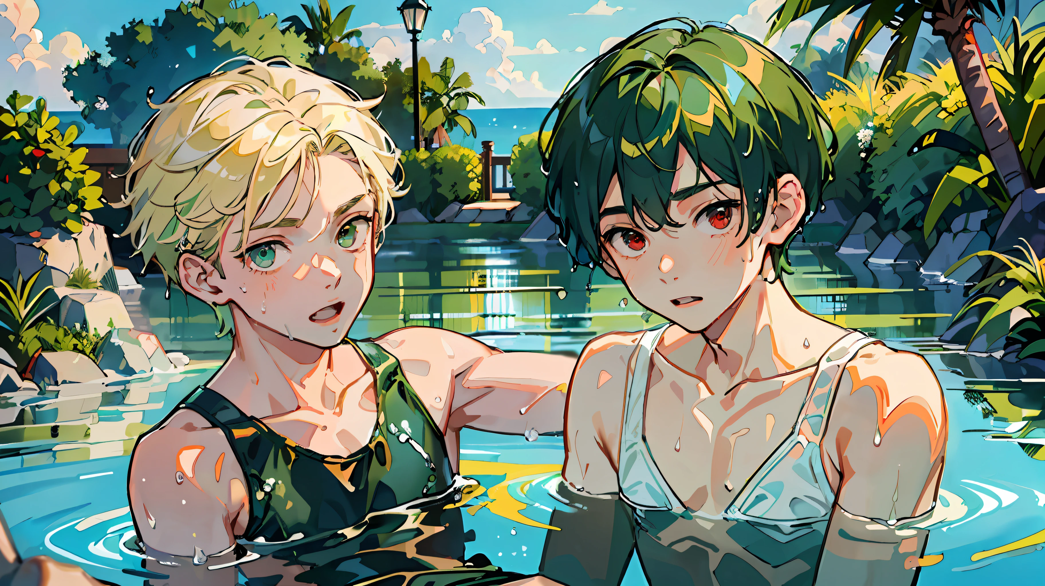 (Masterpiece: 1.4, top quality), two boys, (Wet shirt with swimsuit with cute young man with green hair and big eyes: 1.2), (Wet shirt with swimsuit with cool young man and very short blonde hair and red eyes: 1.2), Background sea, water gun