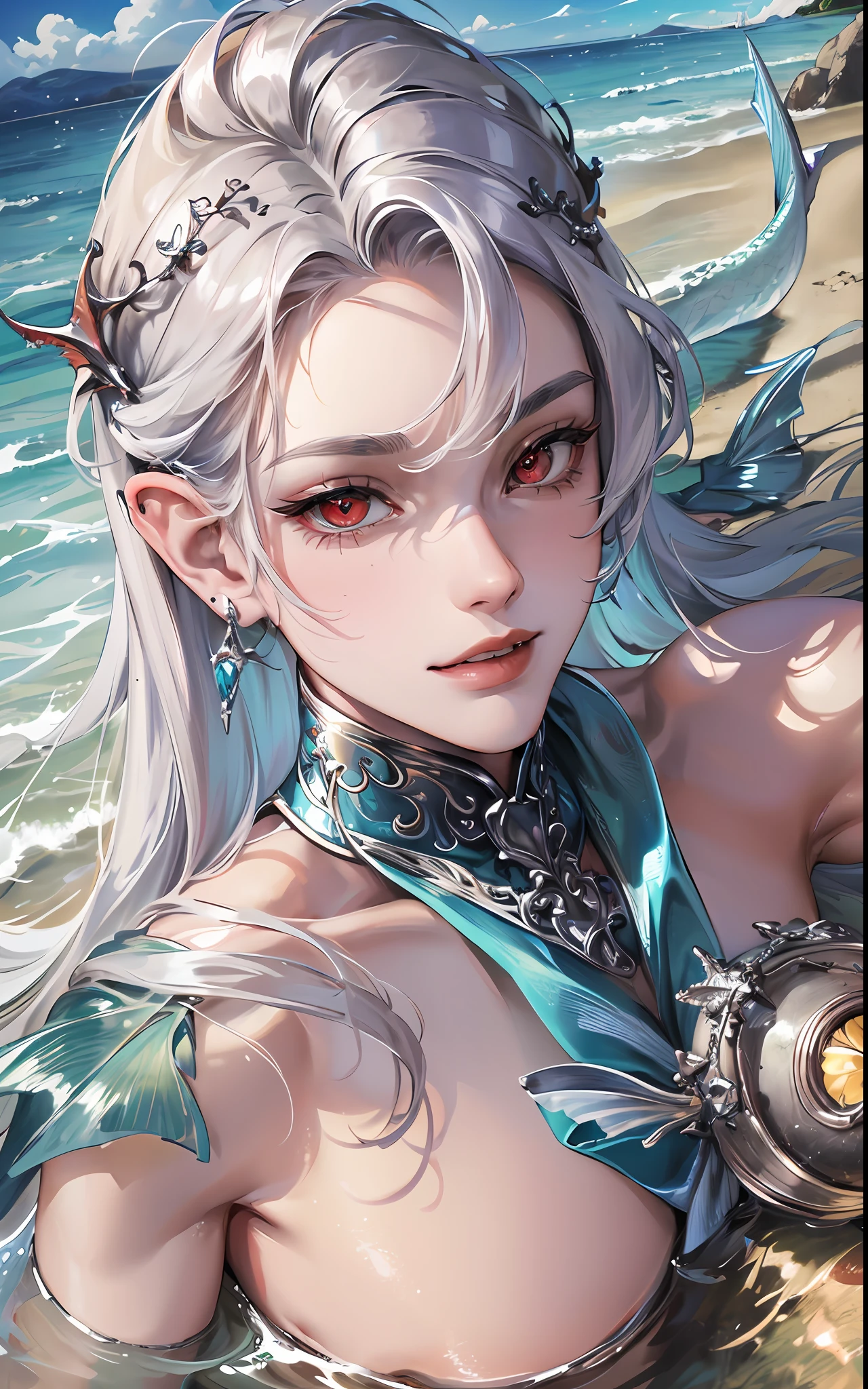 man, masculine, masculine face, attractive, muscular, (((1man))), masterpiece, absurdres, best quality ,intricate details , (shiny skin, shiny body, shiny oily luster skin, shiny hair, pale skintone), Sundown, attractive, ((muscular)), adult, one, earrings, Don't look at the view , Not looking at the view, silver hair, braided hair, perfect detailed face, perfect detailed hands, triton, fins, red eyes, triton ears, ((MLS)), smirk, medium large shoot, marine ornaments, beach in the background, ((mermaid tail)), no legs