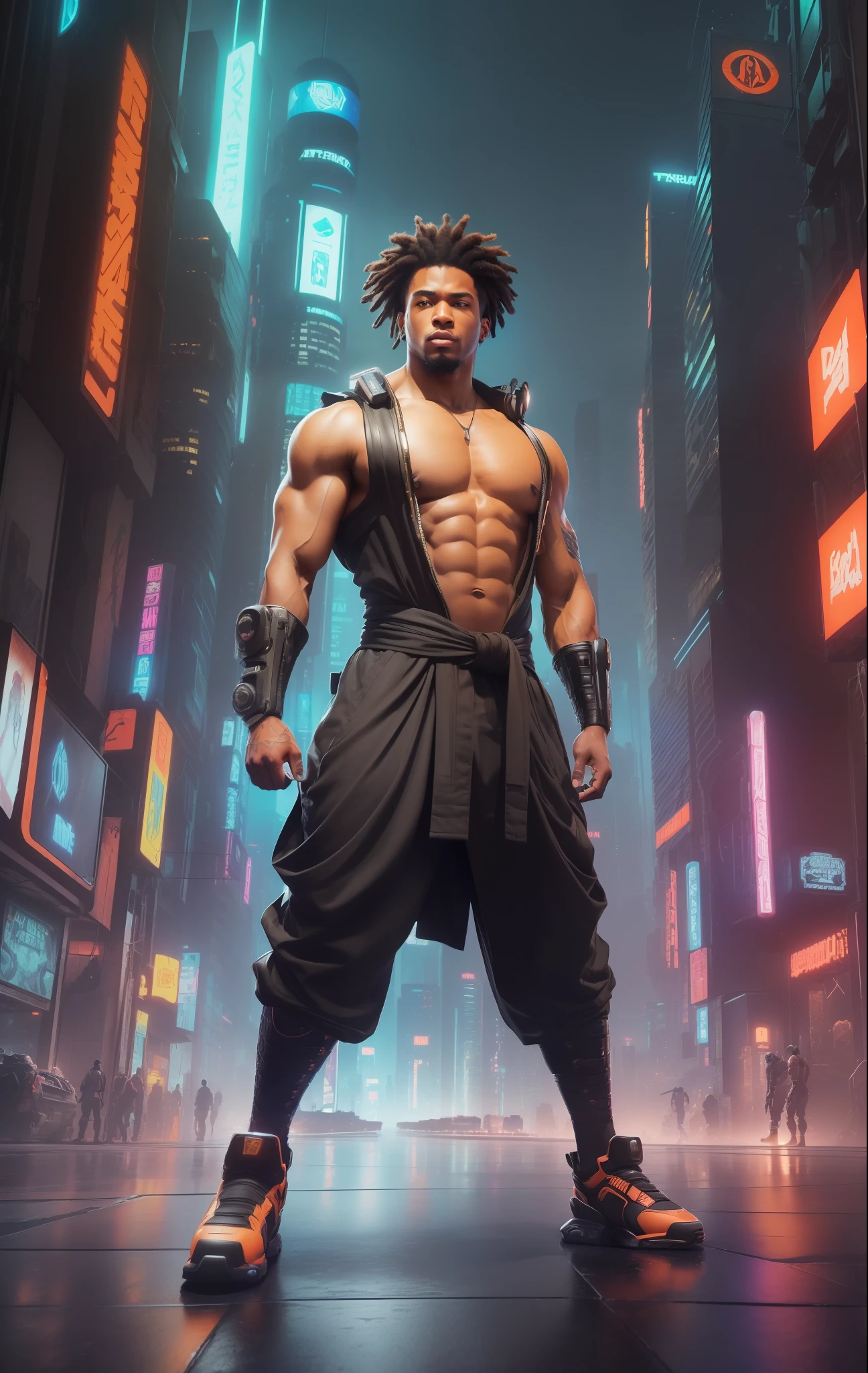 (
    (Character: 1 man, 20 years old, afro-american:1.4, short hair, dreadlocks, strong muscular man)
    (Hakama:1.3, pectorals)
    (Pose: full body:1.3, combat stance, holding a bo:1.2)
    (Background: dense cyberpunk street, dive bar, neon holograms in background, dark, ominous, foggy, night, futuristic city, cyberpunk, orange color scheme)
    (Style: 150mm, beautiful studio soft light, rim light, bright details, luxury cyberpunk, hyperrealistic, anatomical, facial muscles, octane render, H. R. Giger style, 8k, best quality, masterpiece, illustration, extremely detailed, CG, unity, absurdres, incredibly absurdres, photo-realistic:1.37, amazing, fine detail, masterpiece, best quality, official art, vibrant colors)
)