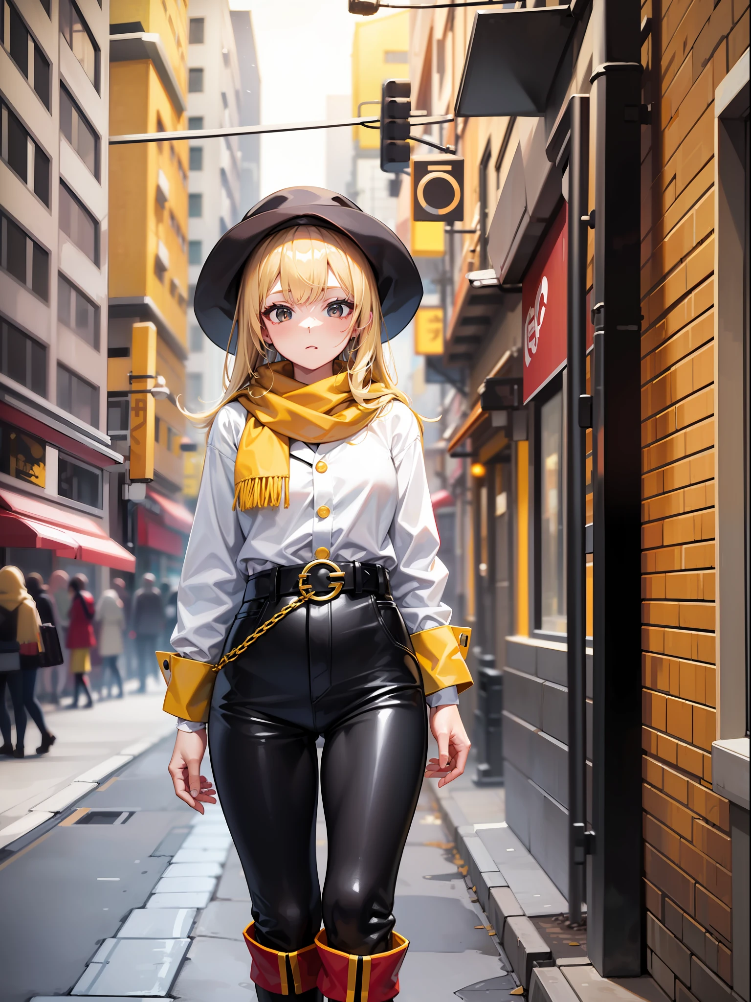 Blonde medium hair, yellow scarf, red long-sleeved clothes with yellow buttons, red long pants, black waist belt, black boots, girl, outdoor