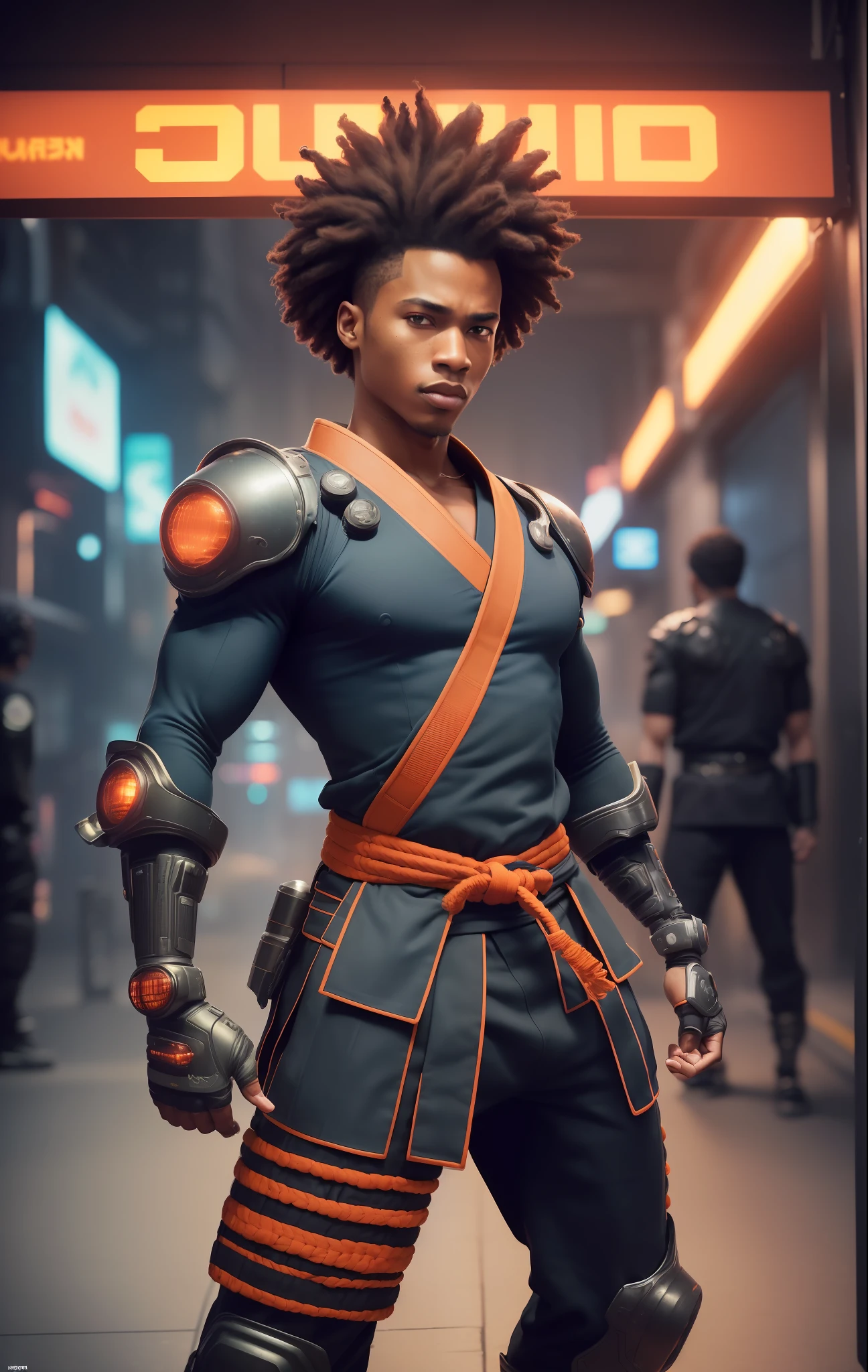 (
(Character: 1 man, 20 years old, afro-american:1.4, short hair, dreadlocks, strong body:1.3)
(Clothing: Kendo Gi:13, Hakama:1.3)
(Pose: full body:1.3, combat stance, holding a bo:1.2)
(Background: dense cyberpunk street, dive bar, neon holograms in background, dark, ominous, foggy, night, futuristic city, cyberpunk, orange color scheme)
(Style: 150mm, beautiful studio soft light, rim light, bright details, luxury cyberpunk, hyperrealistic, anatomical, facial muscles, octane render, H. R. Giger style, 8k, best quality, masterpiece, illustration, extremely detailed, CG, unity, absurdres, incredibly absurdres, photo-realistic:1.37, amazing, fine detail, masterpiece, best quality, official art, vibrant colors)
)