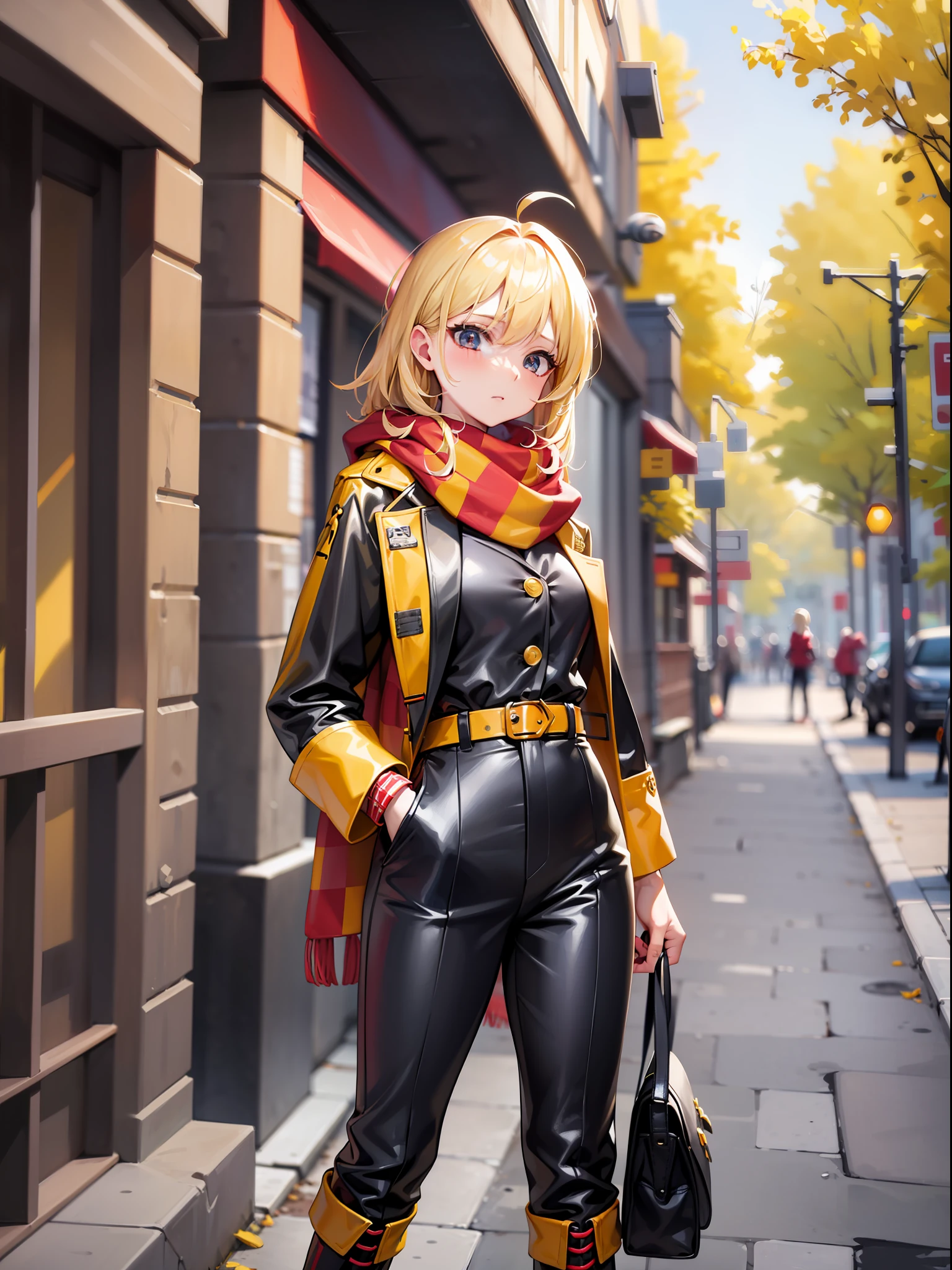 Blonde medium hair, yellow scarf, red long-sleeved clothes with yellow buttons, red long pants, black waist belt, black boots, girl, outdoor