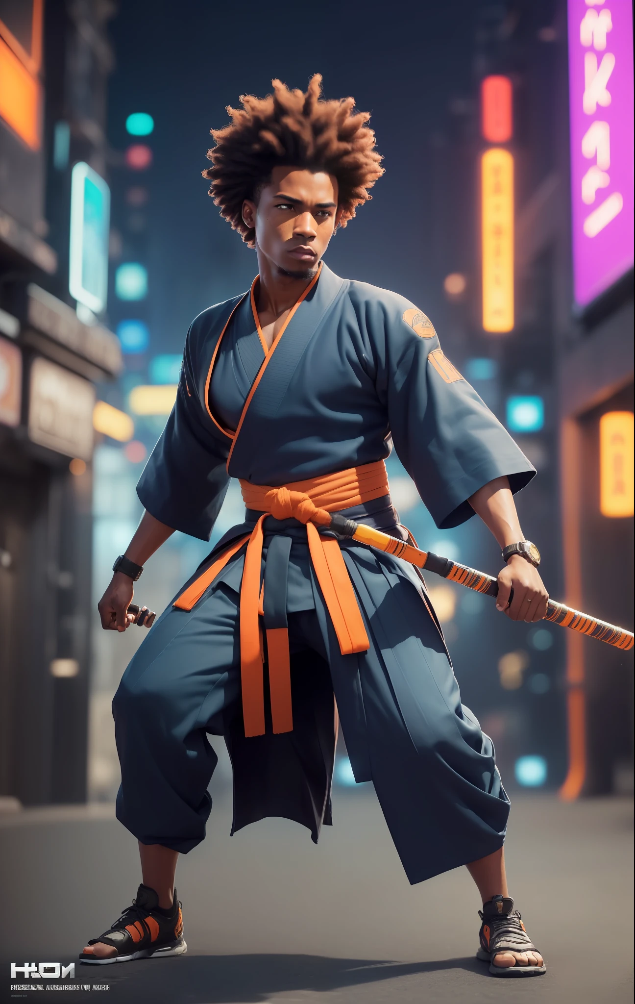 (
(Character: 1 man, 20 years old, afro-american:1.4, short hair, dreadlocks, calm expression, strong body:1.3)
(Clothing: Kendo Gi:13, Hakama:1.3)
(Pose: full body:1.3, combat stance, holding a bo:1.2)
(Background: dense cyberpunk street, dive bar, neon holograms in background, dark, ominous, foggy, night, futuristic city, cyberpunk, orange color scheme)
(Style: 150mm, beautiful studio soft light, rim light, bright details, luxury cyberpunk, hyperrealistic, anatomical, facial muscles, octane render, H. R. Giger style, 8k, best quality, masterpiece, illustration, extremely detailed, CG, unity, absurdres, incredibly absurdres, photo-realistic:1.37, amazing, fine detail, masterpiece, best quality, official art, vibrant colors)
)