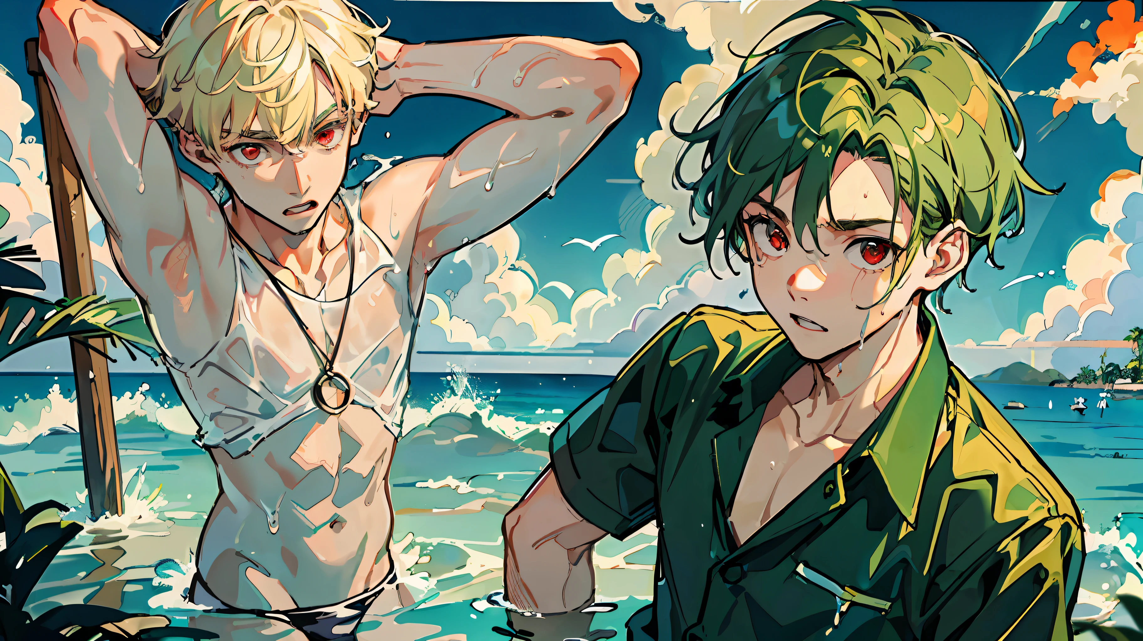 (Masterpiece: 1.4, top quality), two boys, (Wet shirt with swimsuit with cute young man with green hair and big eyes: 1.2), (Wet shirt with swimsuit with cool young man and very short blonde hair and red eyes: 1.2), Background sea, water gun