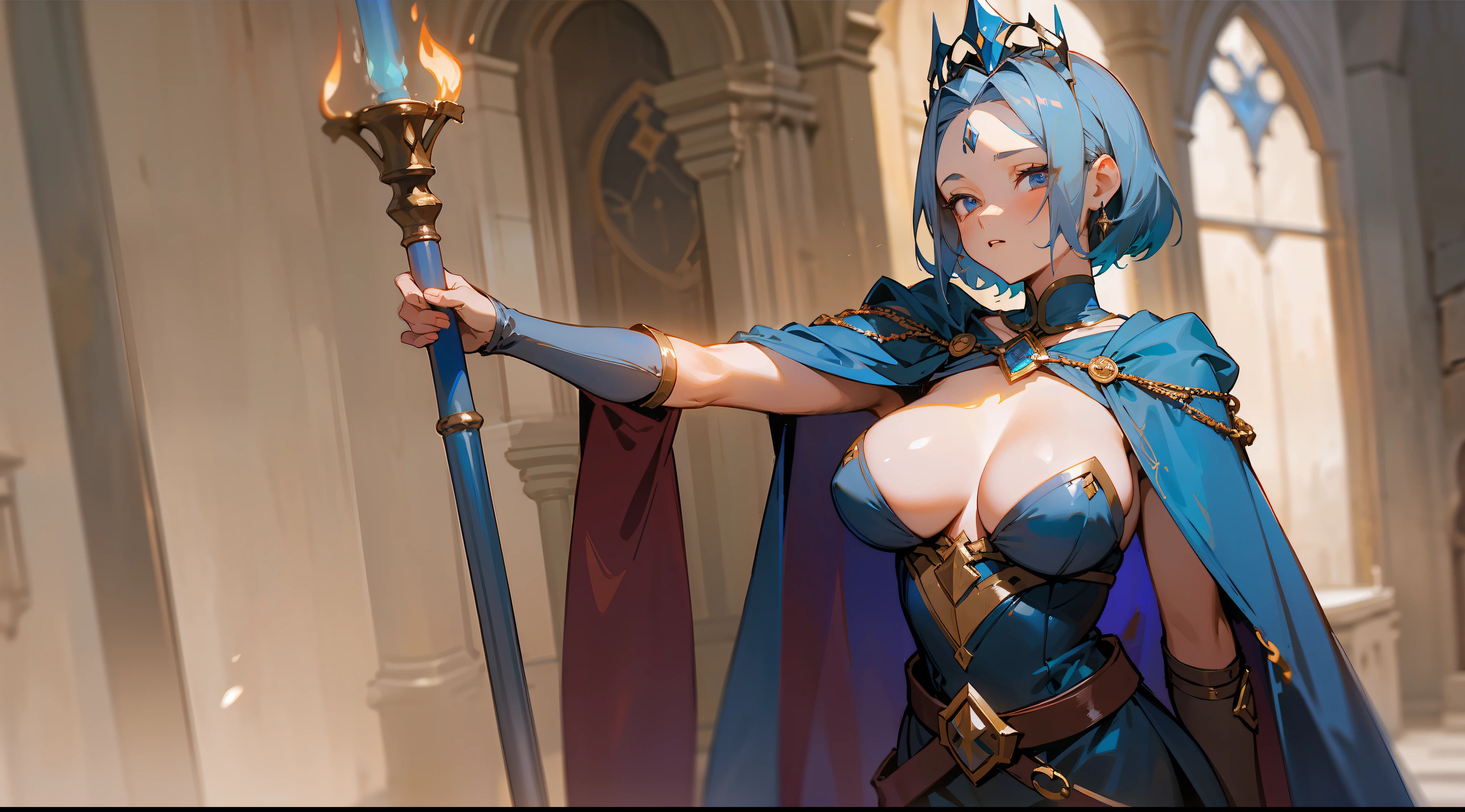 masterpiece, best quality, mature woman, short porcelain blue hair, tiara, showing forehead, gray blue cape, top, beautiful breasts, exposed thighs, dark short dress, belt, thin sword belt, cinnamon height boots wine color, dynamic pose, inside a dungeon, dark, dark, torch, well detailed glow, fantasy, medieval.
