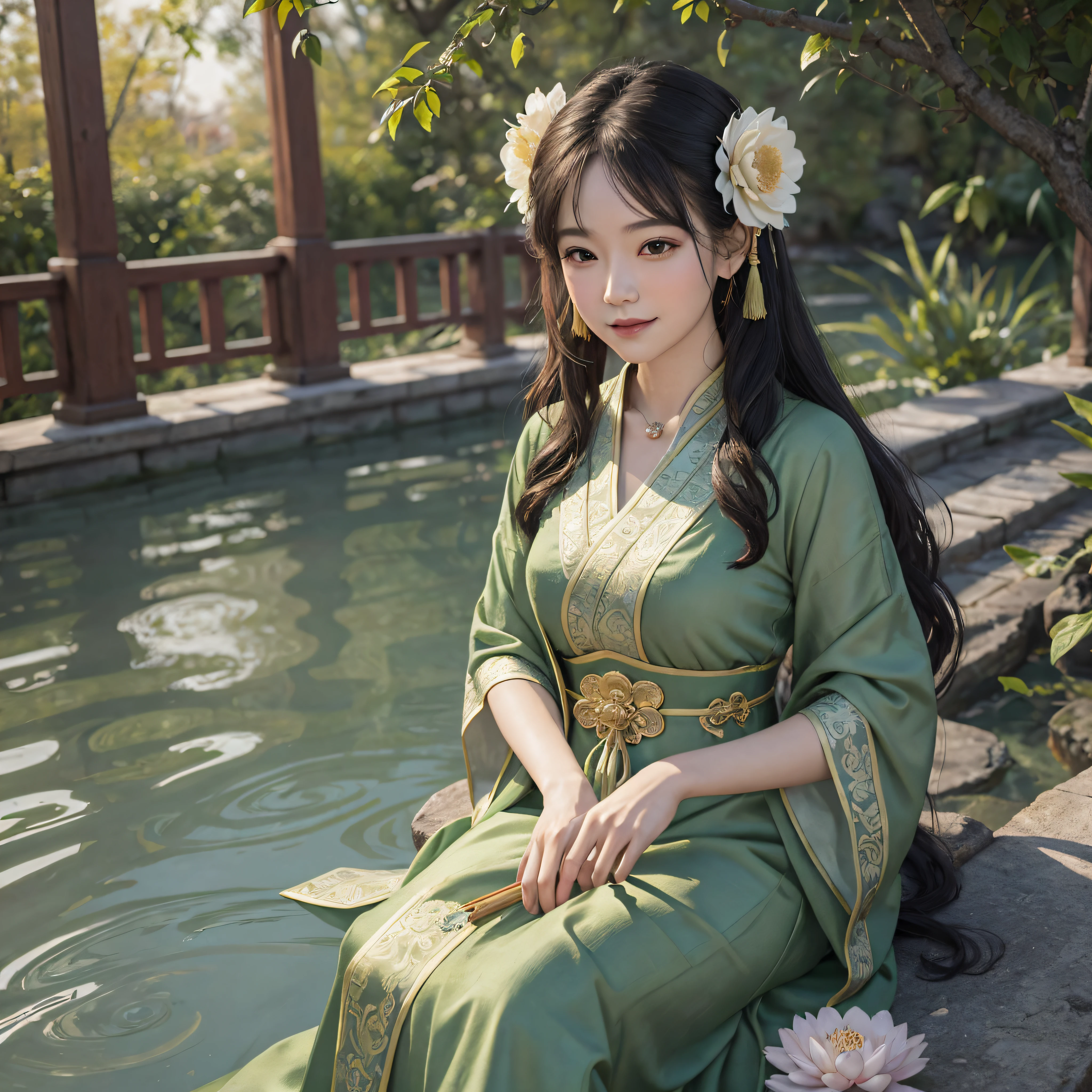 (Style tag + quality tag) "Wen Haoning", dynamic shot, floating, smile, backlight, sunset, wisps of autumn, (character tag) A girl, ancient beauty, tassel trimmed green long dress, moire jade pendant, combed green silk, (detail tag) banana fan and snow lotus flower ornament, (scene tag) Chinese garden, bridge and flowing water, fine falling flowers drifting, jasper piano melodious sound, frost plum fragrance. --auto --s2