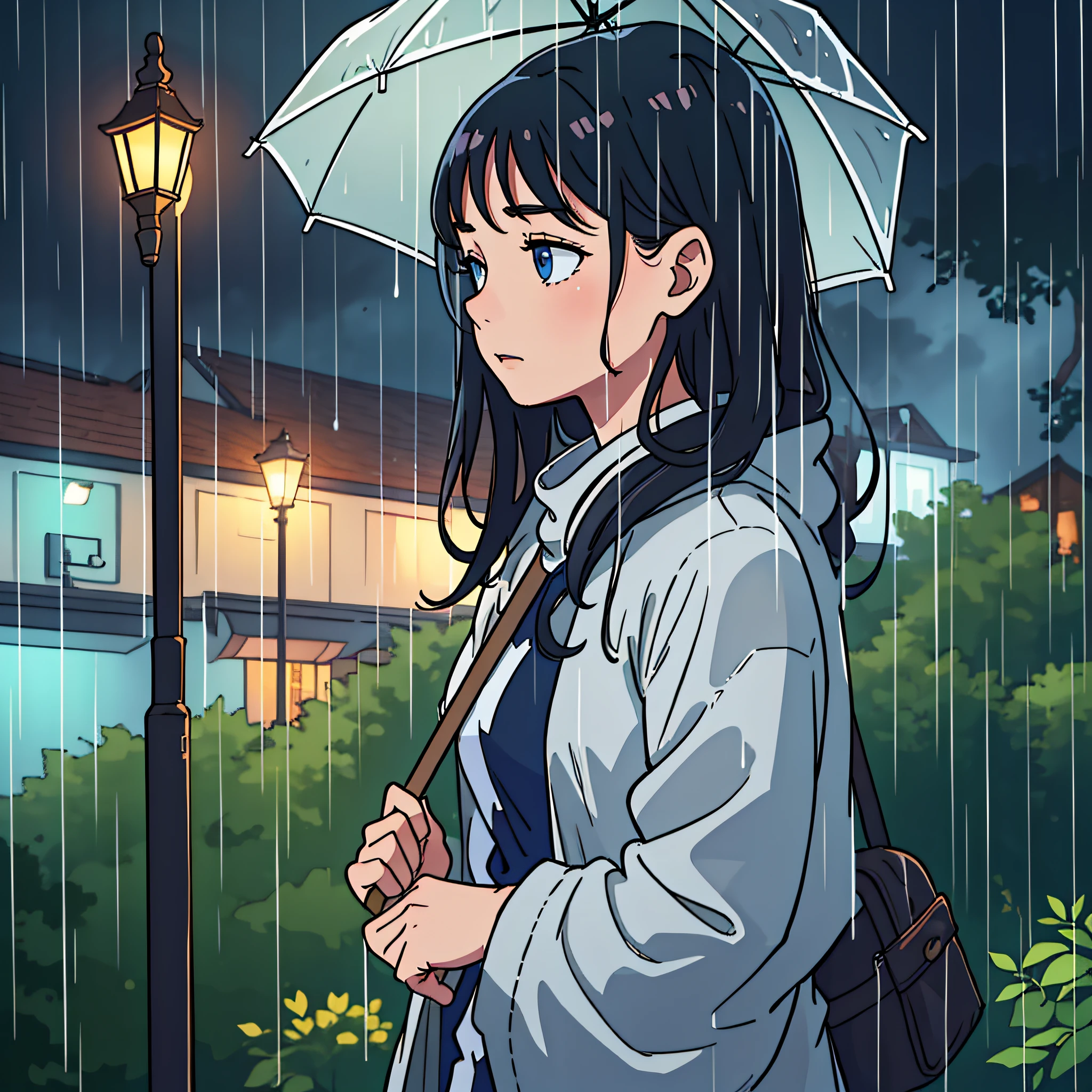In the midst of a heavy downpour, envision a scene set in the evening. The rain pours relentlessly. A small park nearby is adorned with trees and blooming flowers, their vibrant colors juxtaposed against the gray backdrop of the stormy sky. Within this rain-soaked landscape, a solitary figure stands in the middle of the park. It is a 20 year girl a round face framed by medium-long black hair that clings to her skin in wet strands. Clad in a blue t-shirt and black jeans, she stands with an air of anticipation, holding an umbrella tightly in her hand. As raindrops cascade around her, the girl gazes into the distance with a mixture of hope and longing. Thepark  lamps cast a soft, muted glow, creating an ethereal atmosphere that heightens the emotional tension of the scene. The ambiance is filled with a sense of both melancholy and anticipation. She is waiting, her heart yearning for the arrival of her lover. Her eyes dart back and forth, scanning the rain-drenched streets for any sign of their presence. Each passing car or pedestrian sends a flicker of excitement through her, only to be followed by a wave of disappointment when she realizes it is not her beloved. The sound of raindrops falling on the umbrella's canopy becomes a soothing rhythm, providing a momentary respite from the anxious thoughts swirling in her mind. The rain serves as a metaphor for the uncertainties and obstacles that life presents, highlighting the perseverance and dedication of the girl as she waits for love to materialize. As time passes, the girl remains steadfast, unwavering in her commitment. Her expression, a delicate mix of hope and vulnerability, conveys her unwavering belief in the power of love. She stands as a symbol of resilience and determination, braving the storm with unwavering faith in the strength of their connection