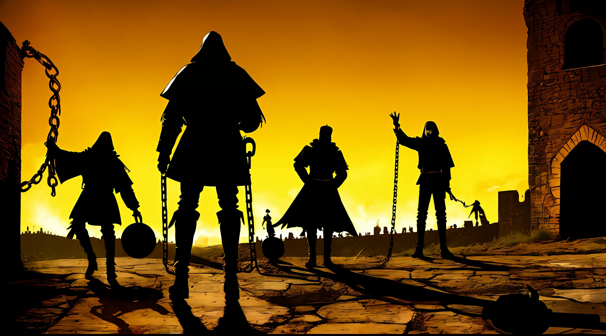 chained silhouettes of men at a medieval fortress, in the style of Mork Borg, strong contrast, grunge dirty punk splash art, zine black metal, yellow and black medieval background