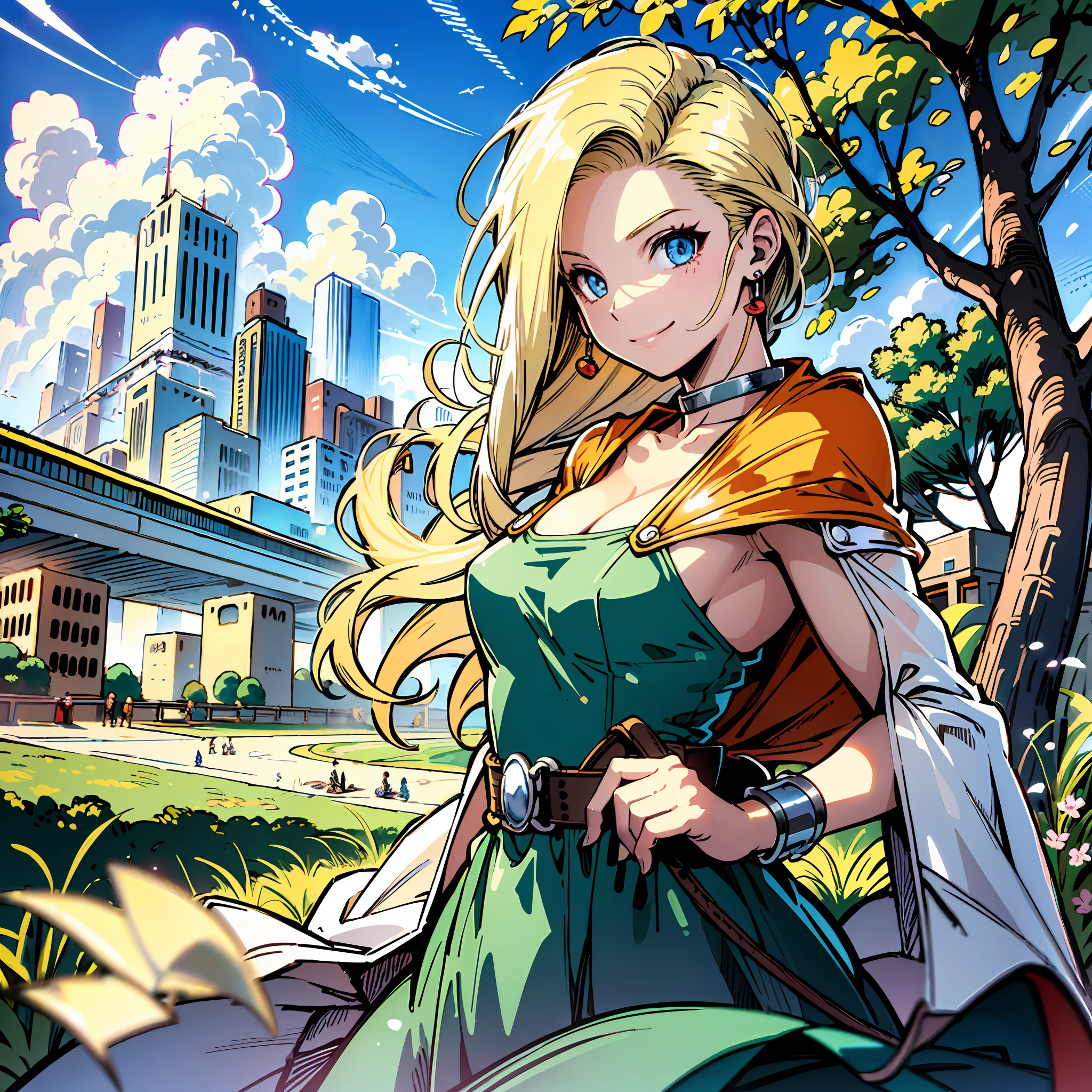 (Masterpiece, Best Quality:1.2), 1 Girl, Solo, 1girl, Bianca, DQ5, Illustration, Anime Style, Long Hair, Blonde Hair, Single Blade, Over Shoulder Hair, Blue Eyes, Smile,, Dress, Jewelry, Earrings, Choker, Cape, Bracelet, Nature, Outdoors, Blue Sky