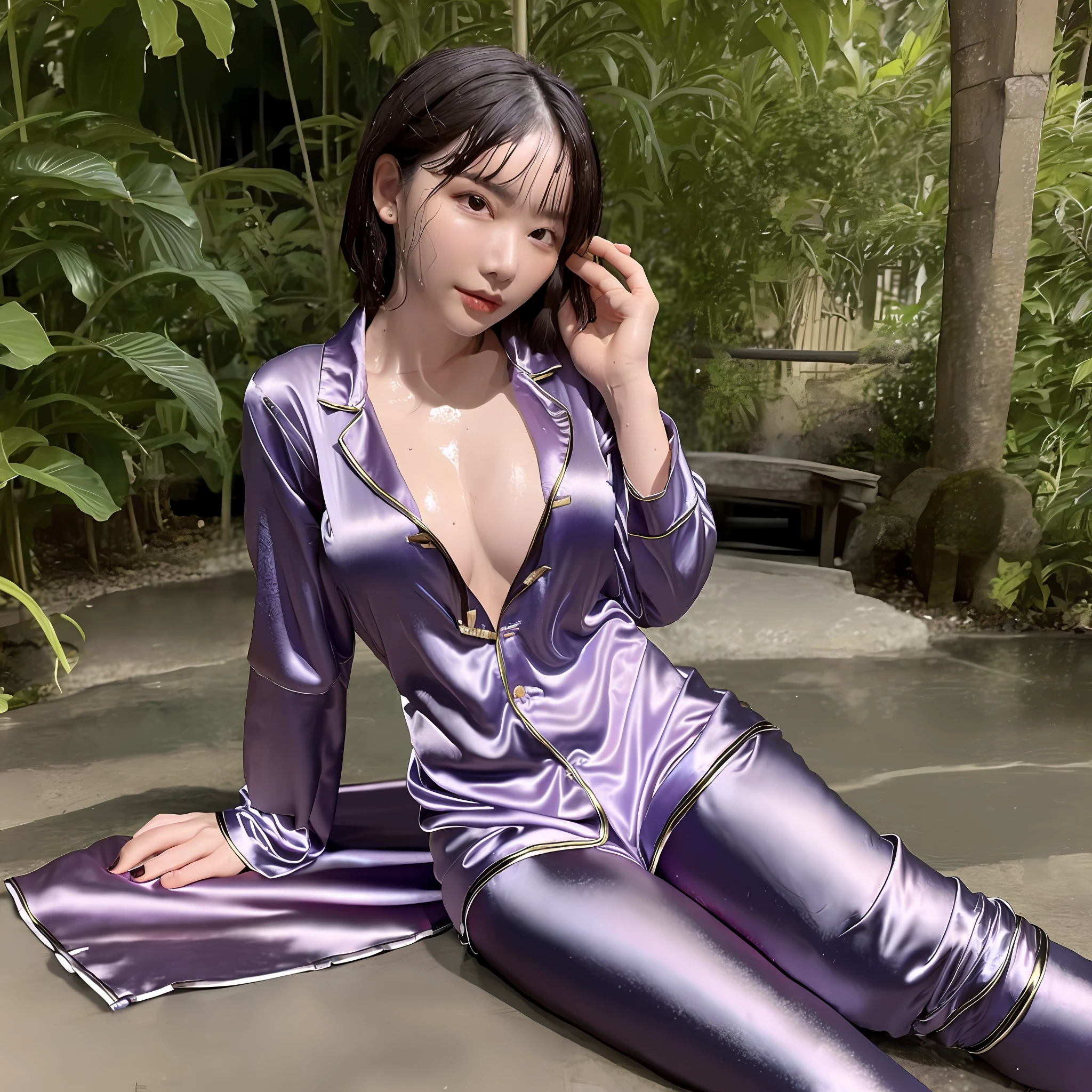 Best quality, best image quality, highest resolution, super detailed, wearing satin pajamas, the material of satin pajamas is shiny, soft and smooth to the touch, no underwear is worn, Chest is C cup, Japan fashion model, full body shooting so that the face can also enter, the subject is alone, taken outdoors, soaking wet, sweaty,