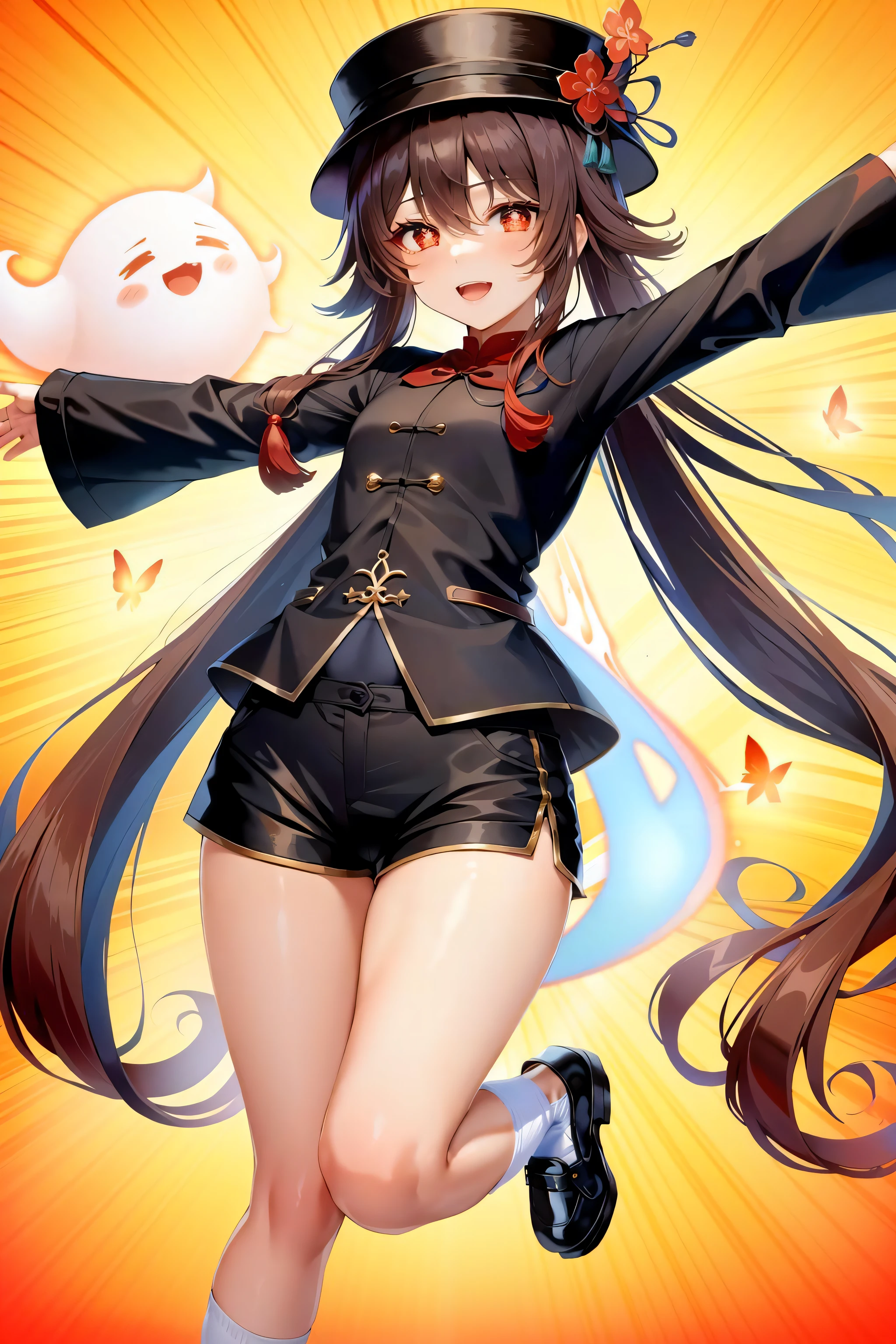 1girl, hu tao (genshin impact), boo tao (genshin impact), long hair, hat, shorts, socks, black shorts, butterfly, brown hair, ghost, smile, long sleeves, bug, hat flower, symbol-shaped pupils, solo, twintails, white socks, red eyes, very long hair, full body, flower, fire, looking at viewer, jewelry, bangs, outstretched arms, chinese clothes, shoes, black headwear, ring, hair between eyes, short shorts, brown footwear, shirt, tailcoat, character name, flower-shaped pupils, sidelocks, porkpie hat, hat ornament, open mouth, kneehighs, plum blossoms, solo, full body, sexy, beautiful hair, beautiful face,