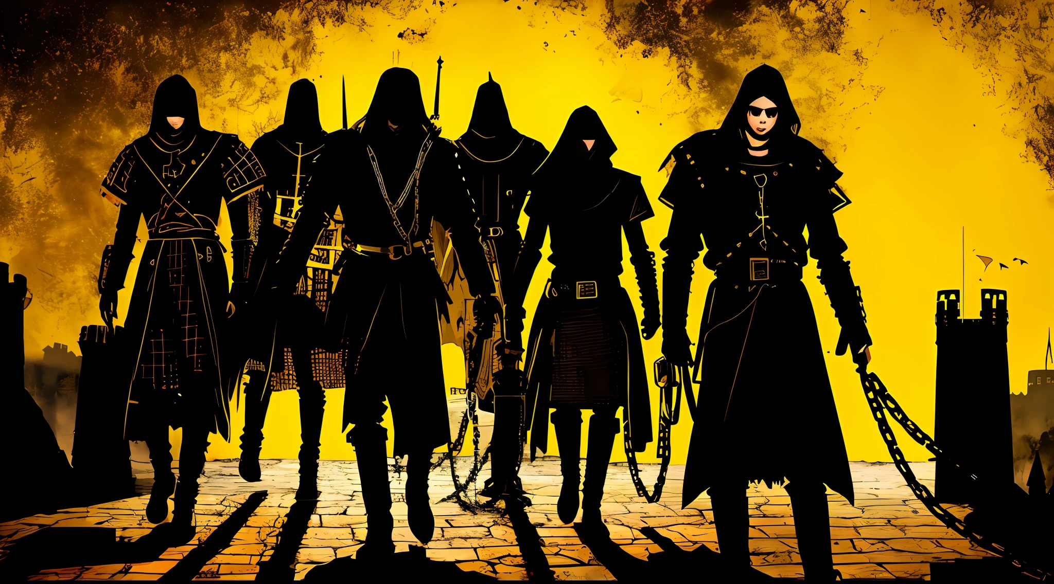 chained silhouettes of men at a medieval fortress, in the style of Mork Borg, strong contrast, grunge dirty punk splash art, zine black metal, yellow and black medieval background