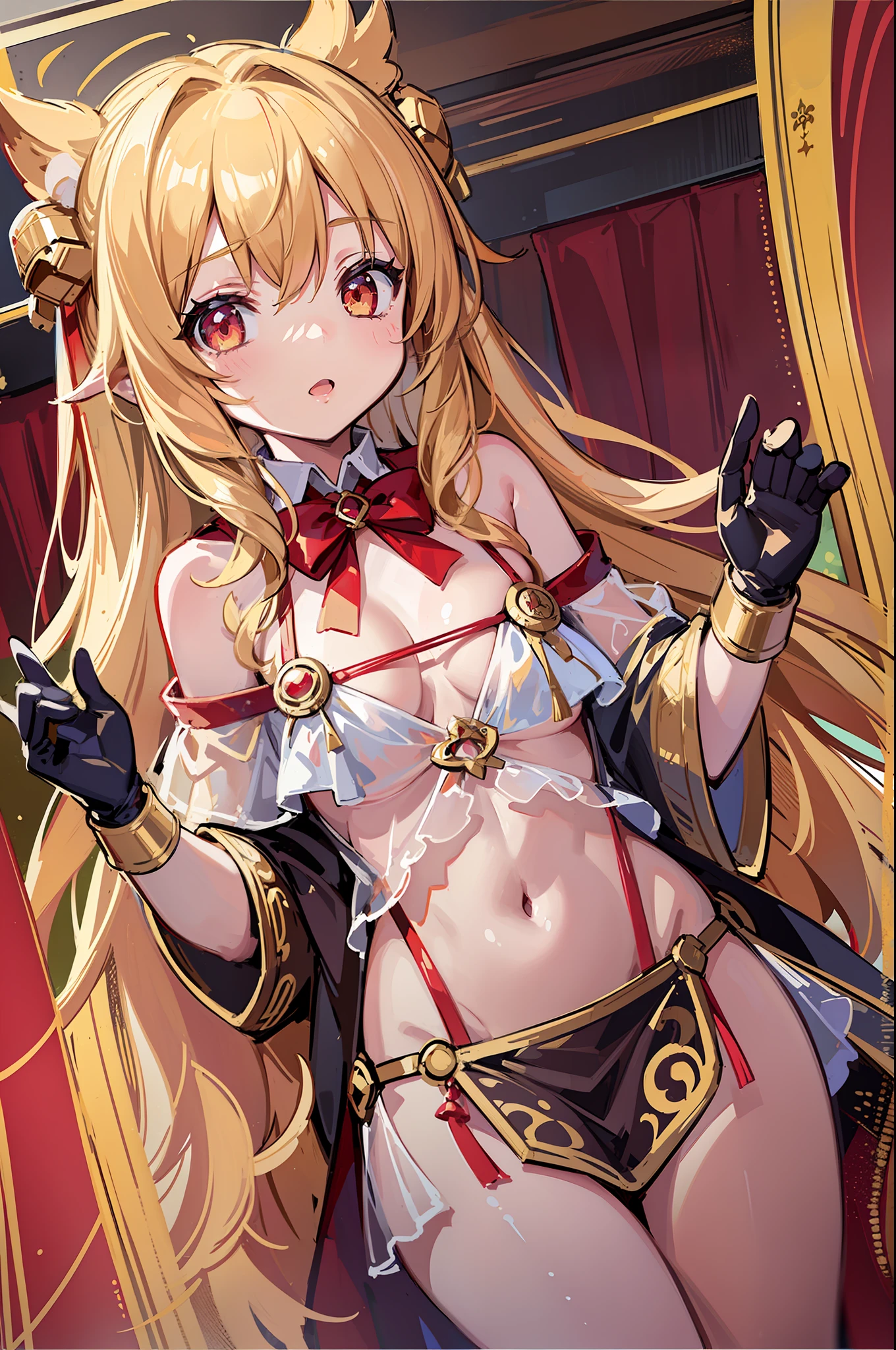 (MASTERPIECE), (Best Quality), (Ultra Detail), Official Art, One Girl, Loli with Golden Hair, Petite Girl, Priestess Loli, See-through Robe of White and Red and Gold, Off Shoulder, Small, Small, Small, Cleavage, Underboob, Thigh Focus, Navel Out, Card Illustration, Temple