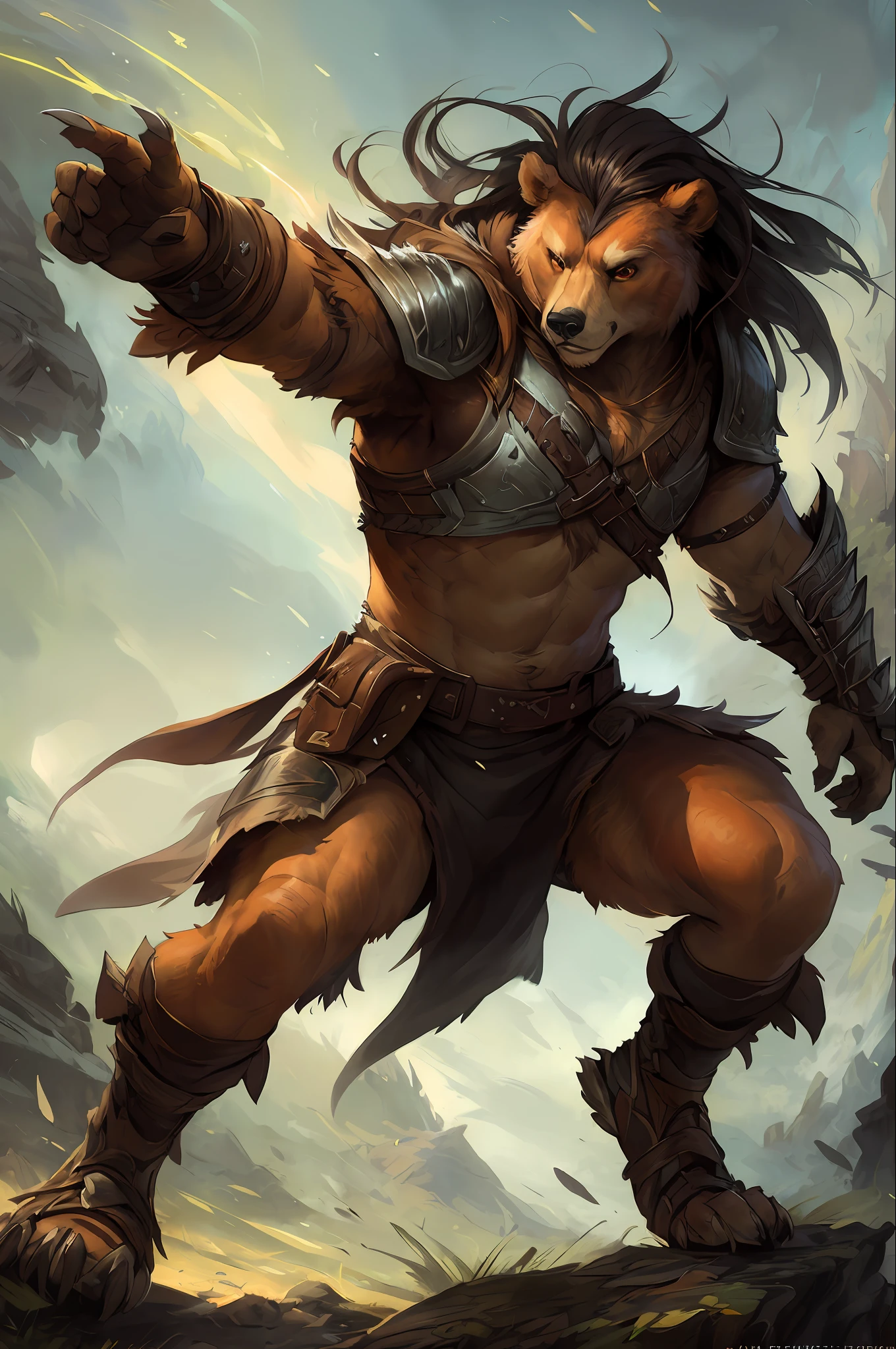kenket, ross tran, ruan jia, bonifasko, action scene, battle, dynamic shot, a mighty male bear made out of (wandering barbarian), solo, alone, powerful, incredibly awesome, orange eyes, big black mane of hairs, fantasy portrait, finely detailed brown medieval leather armor, intricate design, double blades, silk, cinematic lighting, 4k,