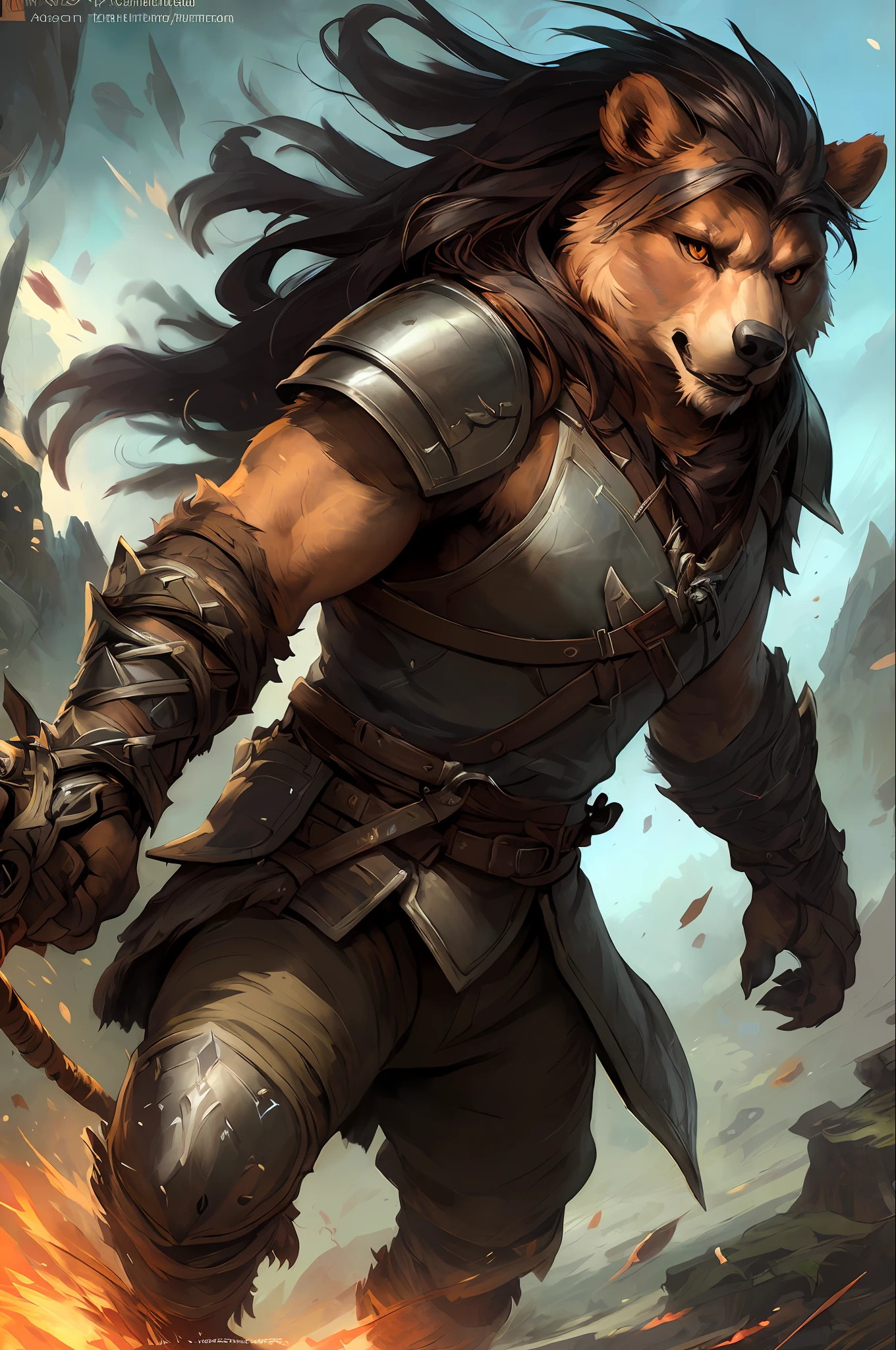 kenket, ross tran, ruan jia, bonifasko, action scene, battle, dynamic shot, a mighty male bear made out of (wandering barbarian), solo, alone, powerful, incredibly awesome, orange eyes, big black mane of hairs, fantasy portrait, finely detailed brown medieval leather armor, intricate design, double blades, silk, cinematic lighting, 4k,