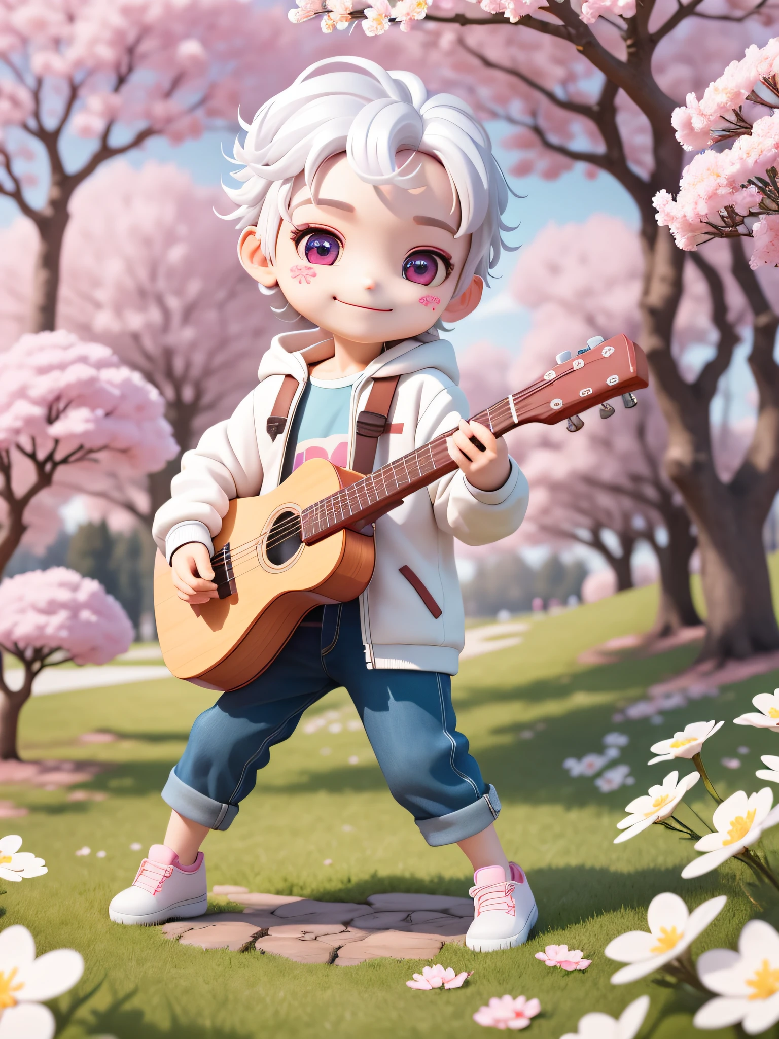 (masterpiece),(best quality),(ultra-detailed), (full body:1.2), 1boy,chibi,cute, smile, outdoors, playing guitar, music, holding guitar, jacket, blush, tree, shirt, short hair, cherry blossoms, blurry, white hair, blush stickers, long sleeves, white hair, pink flower, (handsome detailed face), (beautiful detailed eyes),