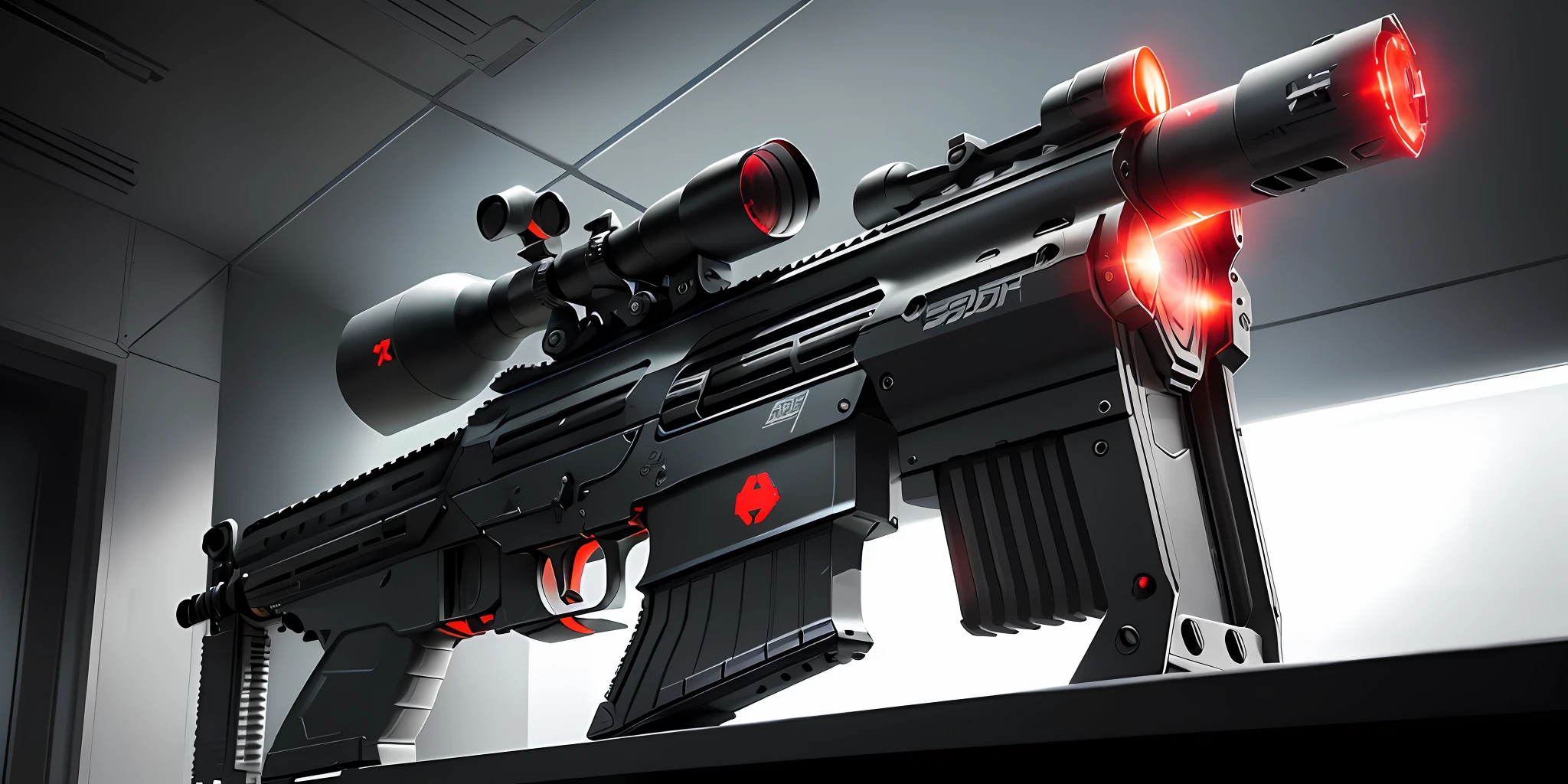 a close up of a gun with a red dot on the side, futuristic assault rifle, realistic gun, realistic gun design, assault rifle, futuristic gun, realistic weapon, futuristic weapon, futuristic weapon shotgun, corner assault rifle, pulse rifle, futuristic pistol, sci - fi weapon, a laser rifle, smg, holding sci-fi rifle, p90, realistic guns