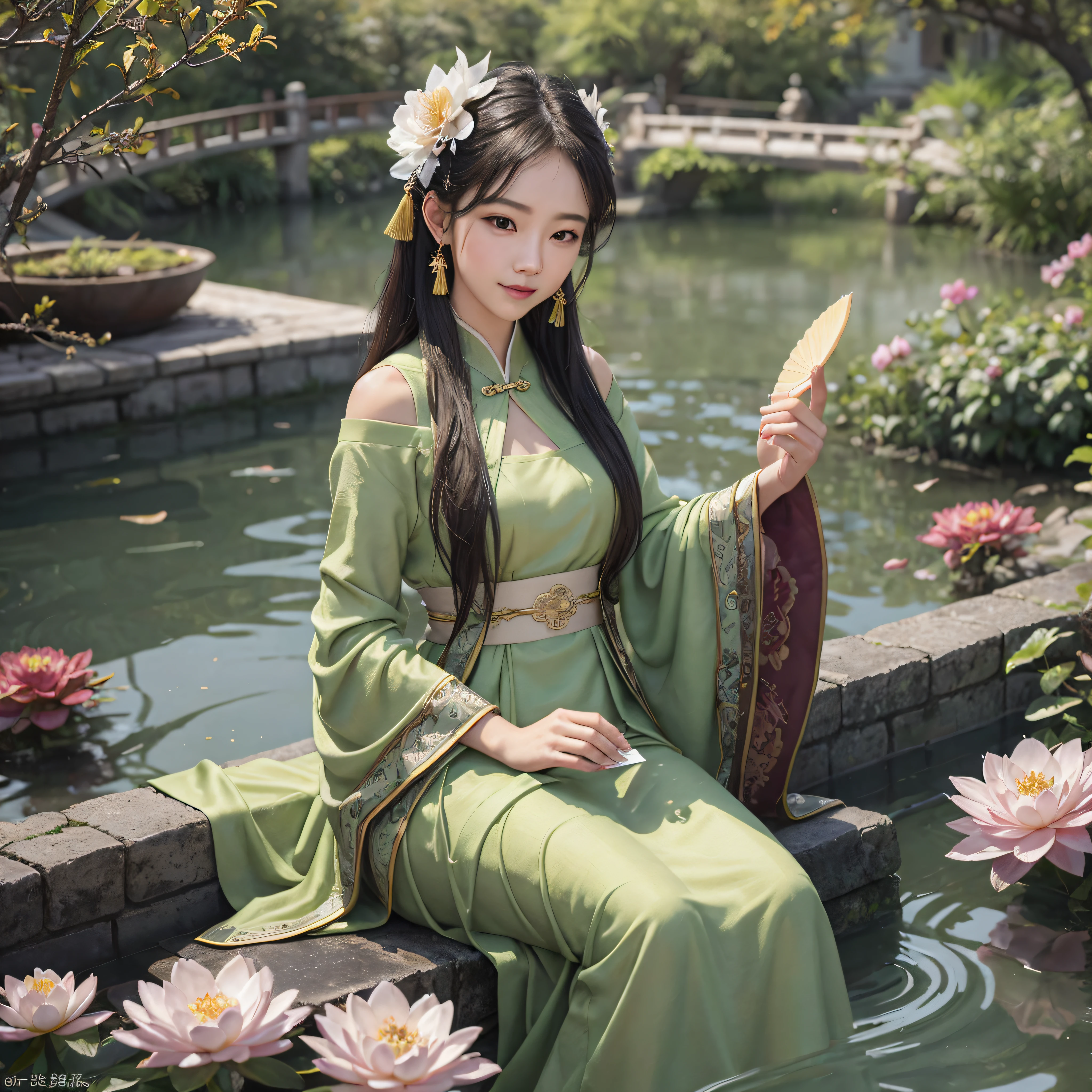 (Style tag + quality tag) "Wen Haoning", dynamic shot, floating, smile, backlight, sunset, wisps of autumn, (character tag) A girl, ancient beauty, tassel trimmed green long dress, moire jade pendant, combed green silk, (detail tag) banana fan and snow lotus flower ornament, (scene tag) Chinese garden, bridge and flowing water, fine falling flowers drifting, jasper piano melodious sound, frost plum fragrance. --auto --s2