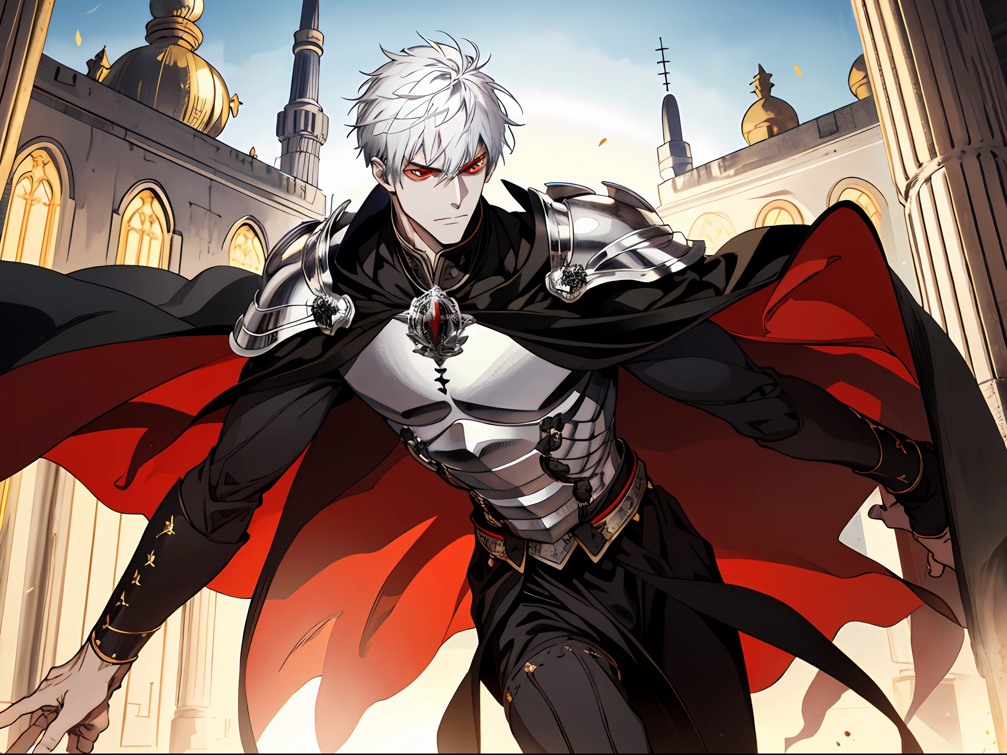 (ridiculous, high resolution, super detailed), (panorama), (1 male), tall, wearing silver armor, black cape, red eyes, evil charm, short white back hair, medieval style, golden palace, (surprised), mouth open, sweating, running