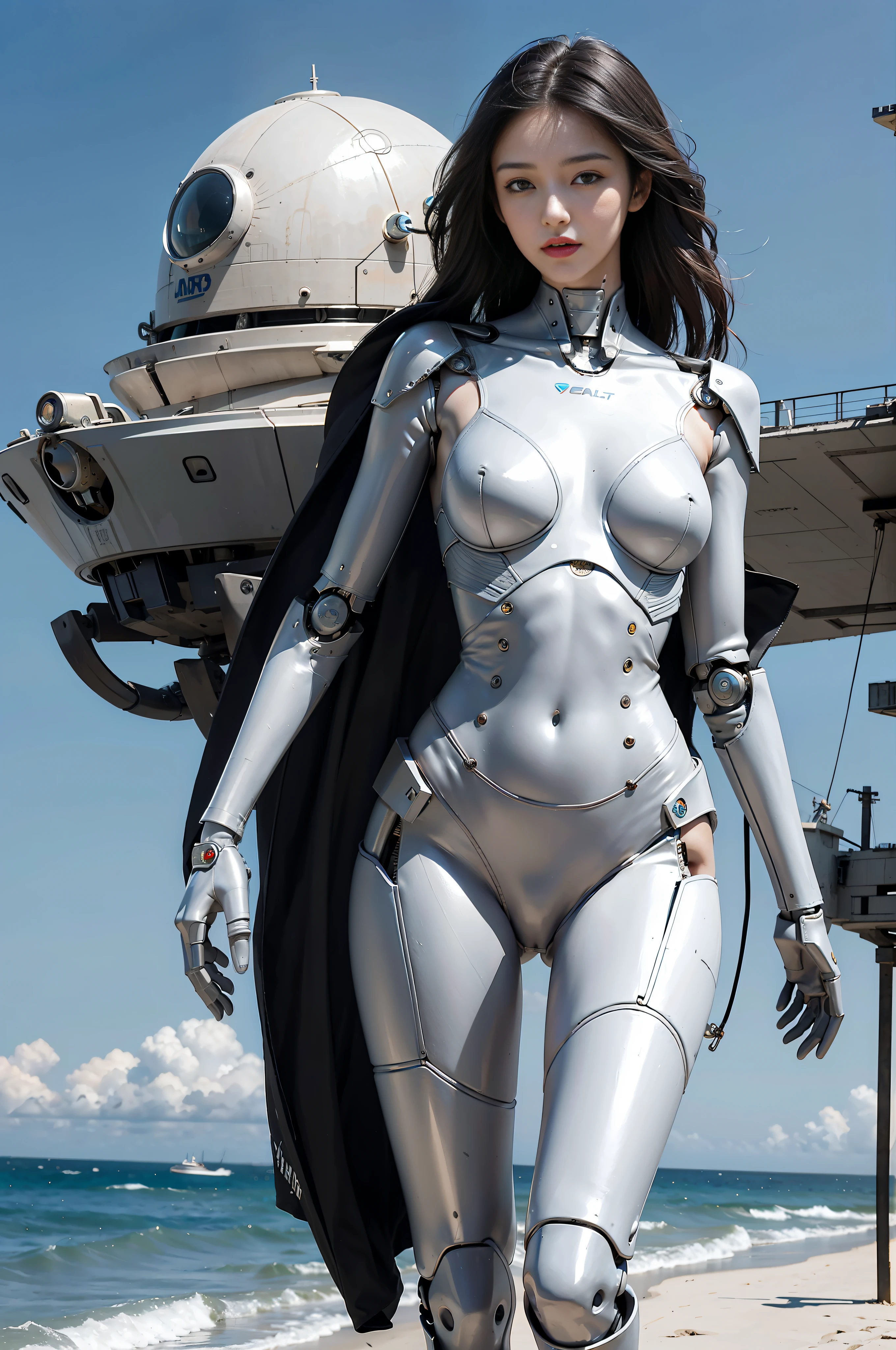 Best quality, delicate face, 25-year-old girl, slim body, mechanical body, robot skeleton, seaside, standing, beach, there are huge alien spaceships floating in the air, cyberpunk, sci-fi