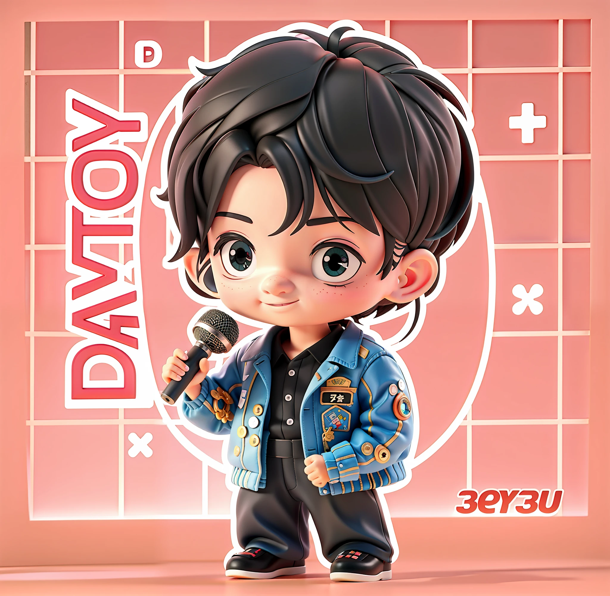 blind box 3D effect, cute blind box, cartoon drawing of a boy holding microphone in his hand, black sequin suit, red microphone, official fan art, chibi, chibi art, premium digital chibi art, official fan art, black suit, young idol, cute artwork, inspired by Byeon Sang-byeok, cute art style, digital art, pixar, intricate details, 3d rendering, blender, oc renderer,
