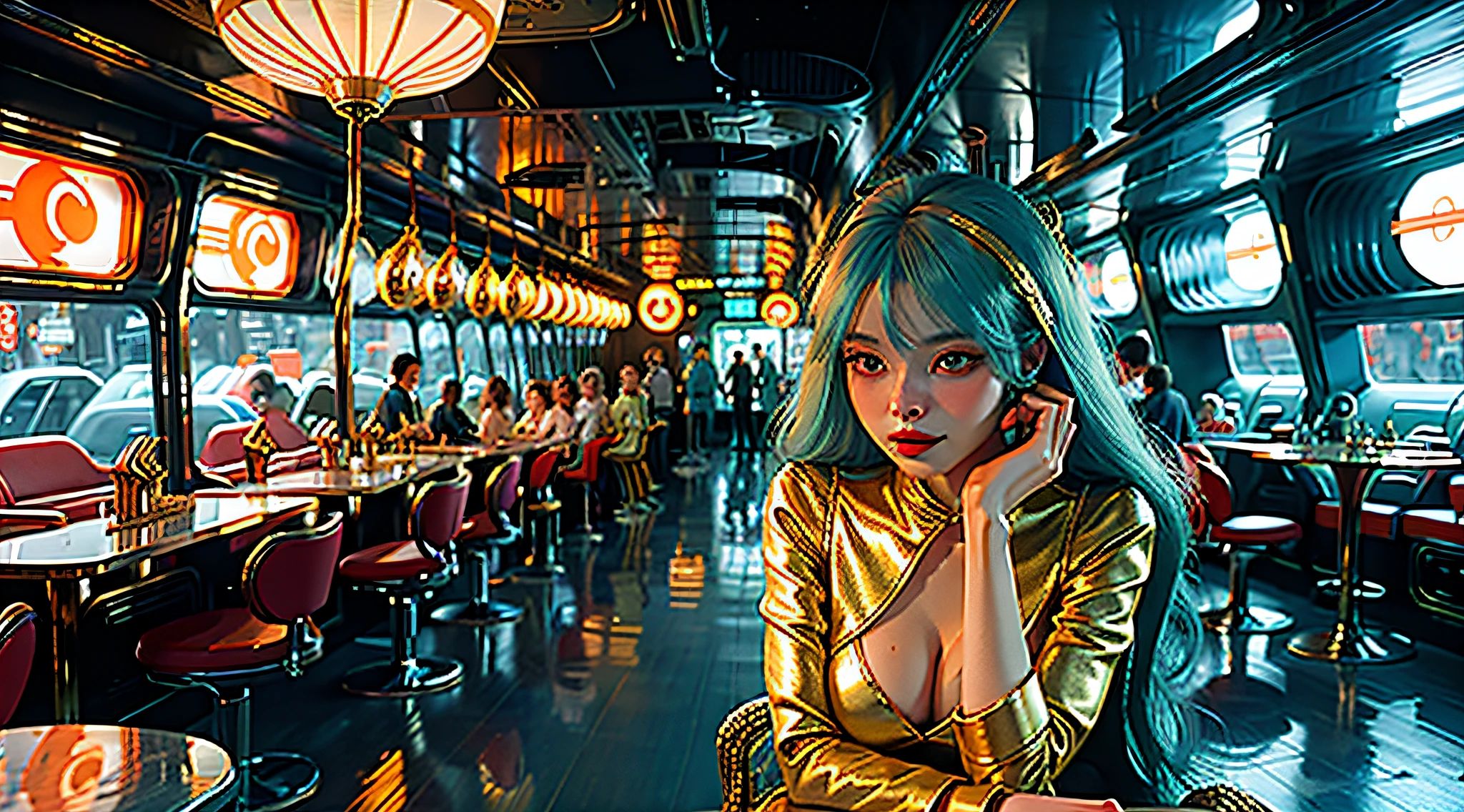 Photo of a captivating girl in a futuristic outfit, dancing in a clandestine cafe in a bustling metropolis, iridescent costume, neon barrettes, enigmatic surroundings, cyan hair, red lips, (evil: 1.2), (poor quality photo: 1.3), (blurry: 1.1), smiling, light valve, better shadows, (gold: 0.5), (sad: 1.2), 8k, insane detailed