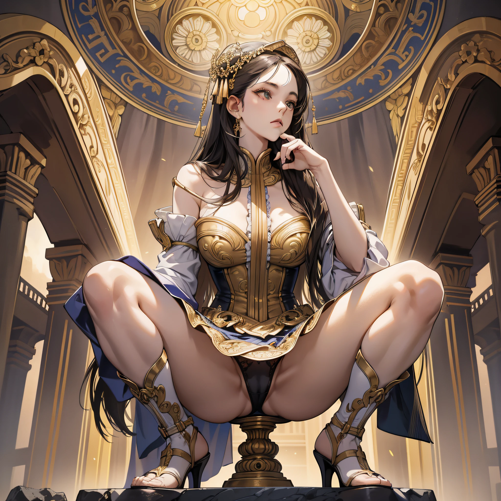 Circular pedestal with elongated protrusions, woman squatting on pedestal, hem lifted to show underwear, masterpiece, top quality, intricate details, highly detailed, dramatic, cinematic lighting, contrast, high resolution