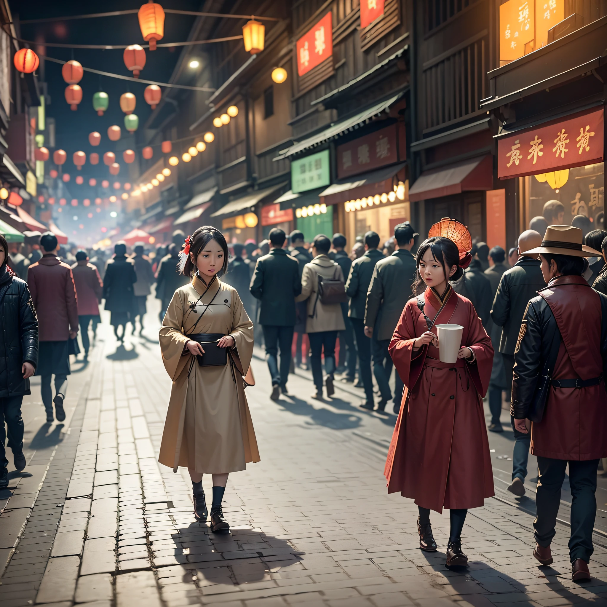 In this scene, the streets of the Lantern Festival are busy with people, and a lonely person walks alone on the side of the road. Scenes need to be extremely detailed, and they need to express crowded atmosphere and loneliness. The characteristics of the characters in the picture, as well as the movements and costumes, need to be highlighted. It needs to have proper light and shadow expression, and it also needs to reflect the Lantern Festival decoration and atmosphere on the street. Notice the balance of crowd and loneliness in this scene. --auto --s2