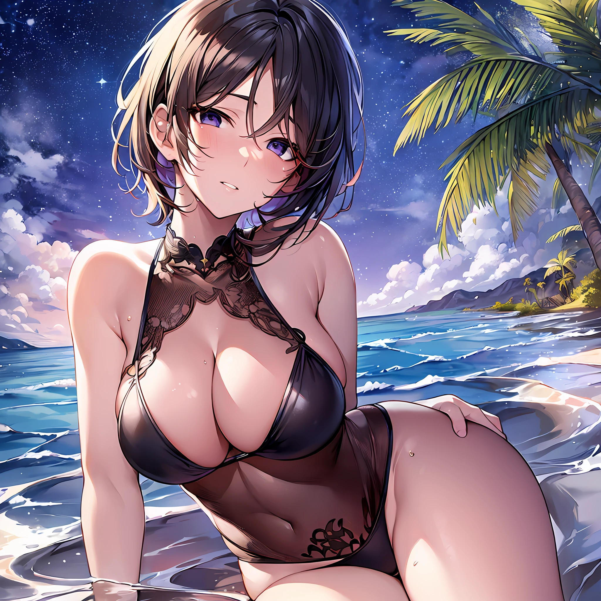 (masterpiece), best quality, extremely detailed and realistic anime art, beautiful and slightly mature woman, attractive, beautiful woman, black eyes, short cut, moist eyes, sweaty skin, inviting expression, white bikini, mole on face, seductive looks, mellow expression, biting lips, sexy, exposed big, cleavage, smooth body, detailed curves, beautiful legs, long legs, beach, starry sky and big moon background,