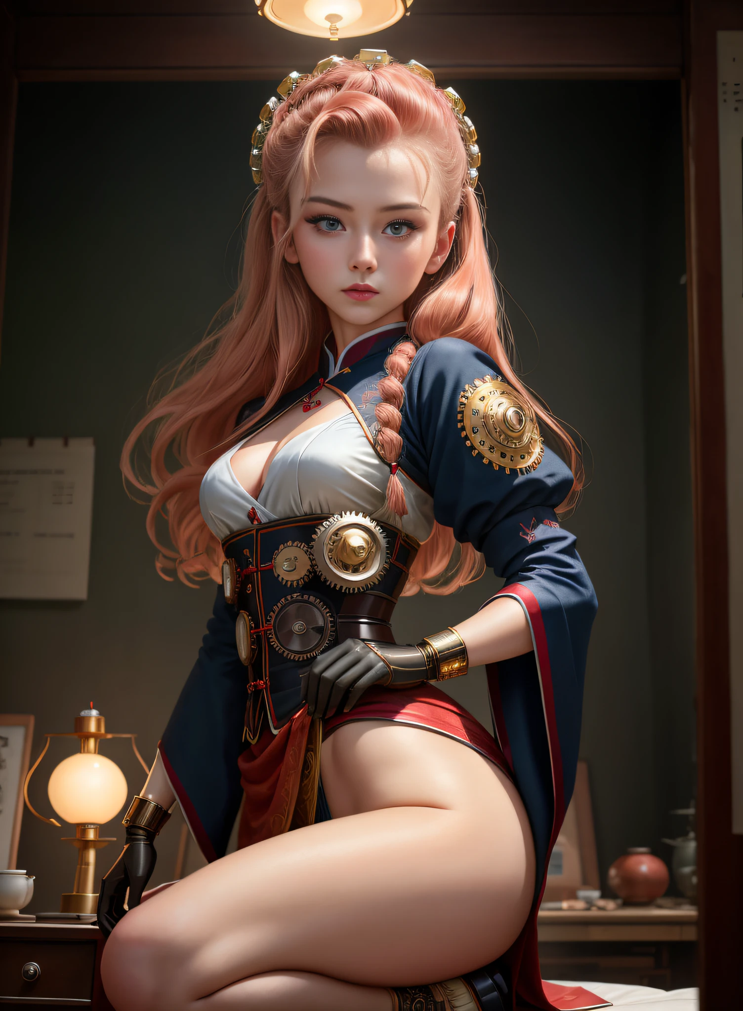 Highly detailed RAW color Photo, of (1 Polish girl, 50s hairdo), toned physique, (elegant, beautiful face), (retrofuturism), mechanical, gears, (detailed skin), (oil:0.6), (tesla coil:0.4), (Nixie tube:0.8), (highly detailed, hyperdetailed, intricate), (bloom:0.4), soft lighting, (side lighting:0.8), 8k, shadow casting, full body, open pose, zoom out, photographed on a Leica 10772 M-P, 85mm macro lens, F/8 aperture, film still, (Student, sexy), long hair, red hair, fashionable cloth, y2k, (detailed bedroom) ,nsfw, (cool), (extremely detailed face) (very detailed and expressive eyes), ((crouching)) finely detailed small breasts finely detailed small nipple finely detailed, sexy round ass, beautiful long legs, (Hanfu) revealing clothes, breasts out, looking at viewer outdoor day, ((mechanical parts))