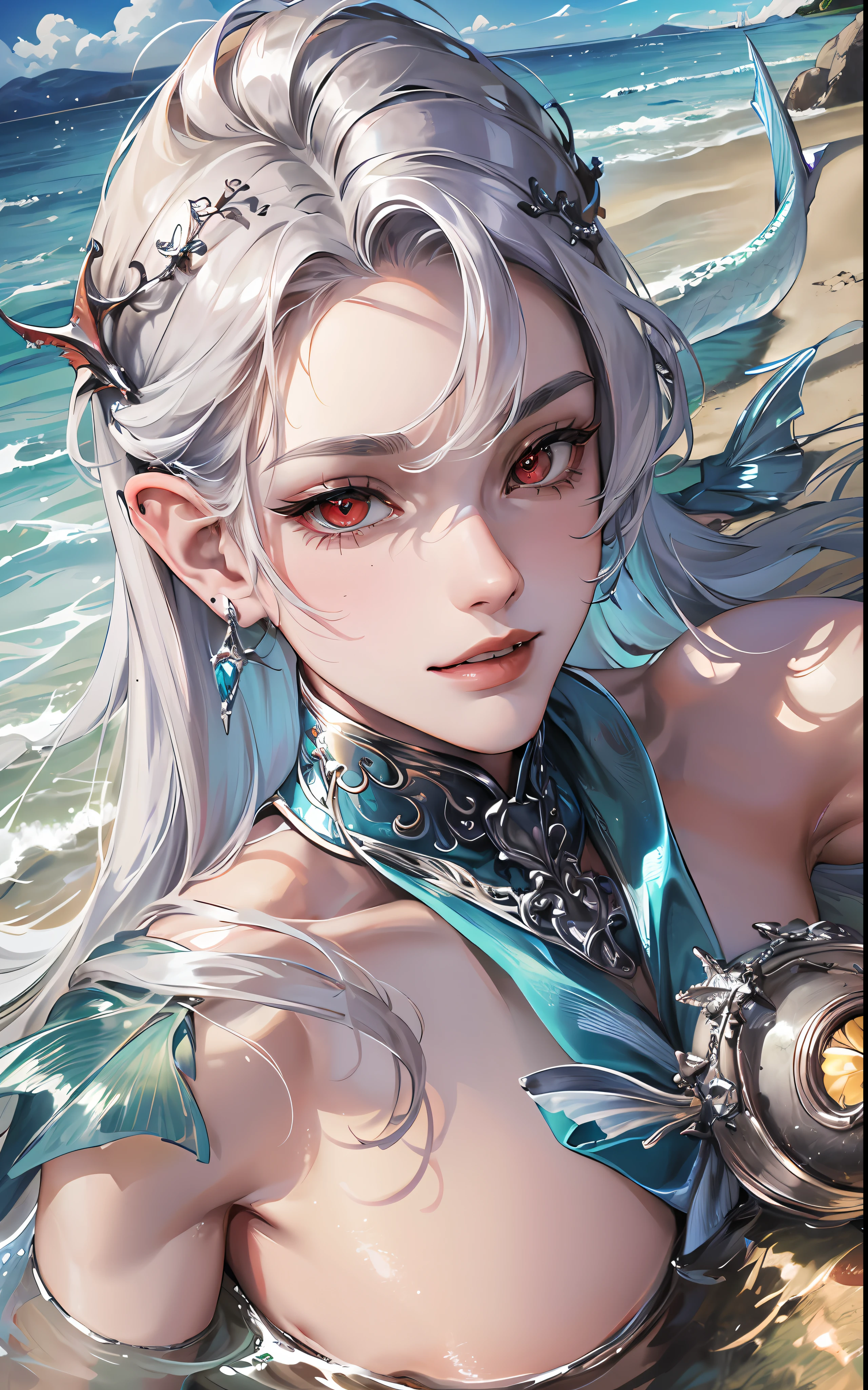 man, masculine, masculine face, attractive, muscular, (((1man))), masterpiece, absurdres, best quality ,intricate details , (shiny skin, shiny body, shiny oily luster skin, shiny hair, pale skintone), Sundown, attractive, ((muscular)), adult, one, earrings, Don't look at the view , Not looking at the view, silver hair, braided hair, perfect detailed face, perfect detailed hands, triton, fins, red eyes, triton ears, ((MLS)), smirk, medium large shoot, marine ornaments, beach in the background, ((mermaid tail)), no legs